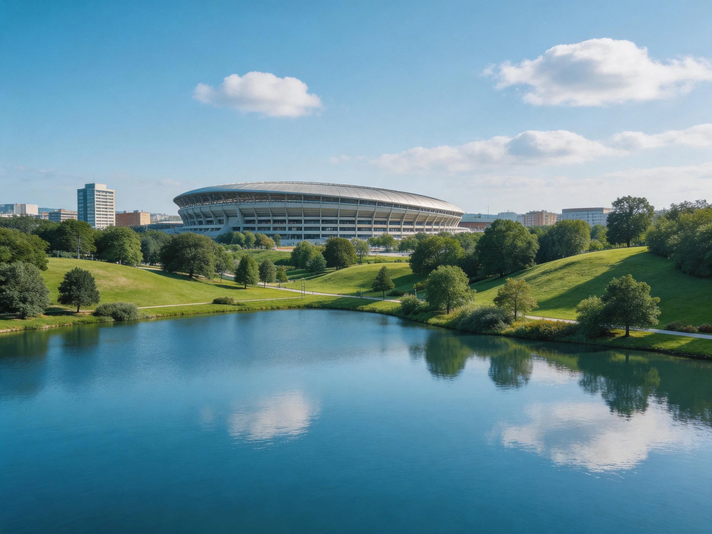 Modern Stadium Near Lush Green Hills and Reflective Water