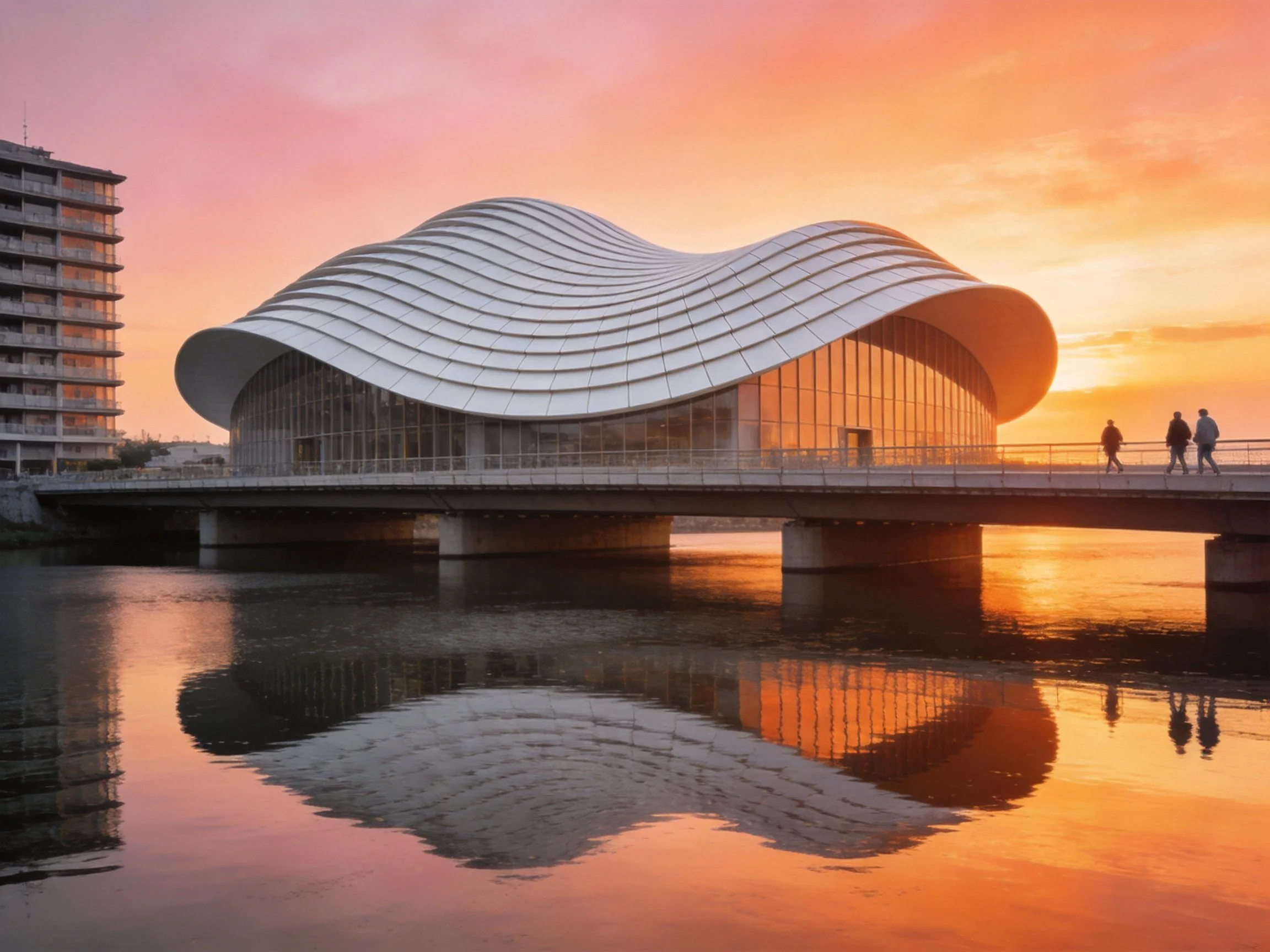Modern Wave-Shaped Building Over Water at Sunset