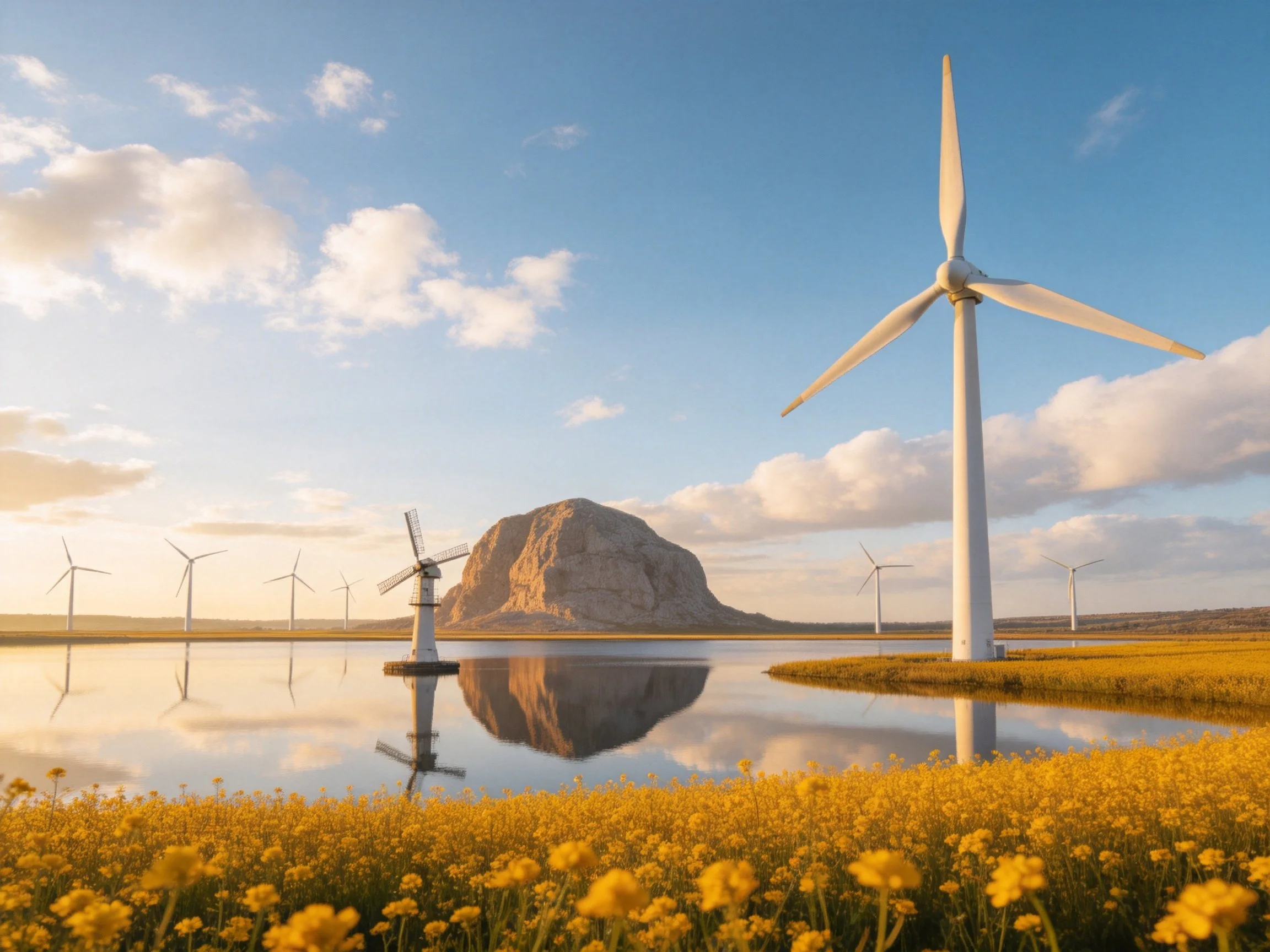 Modern and traditional windmills by a reflective lake with yellow flowers