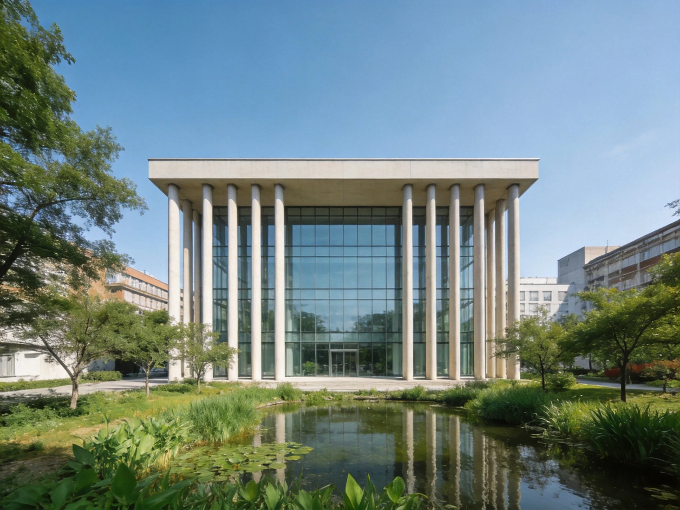 Modern building with tall columns near landscaped pond