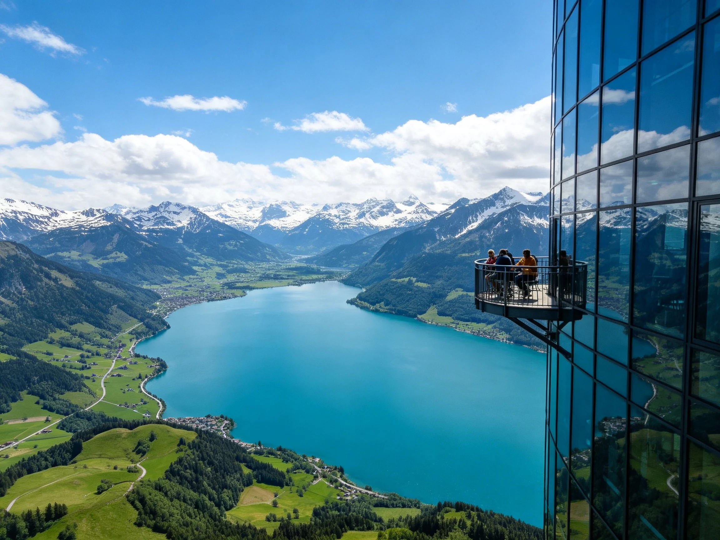 Modern glass building’s observation deck overlooks turquoise lake and mountains
