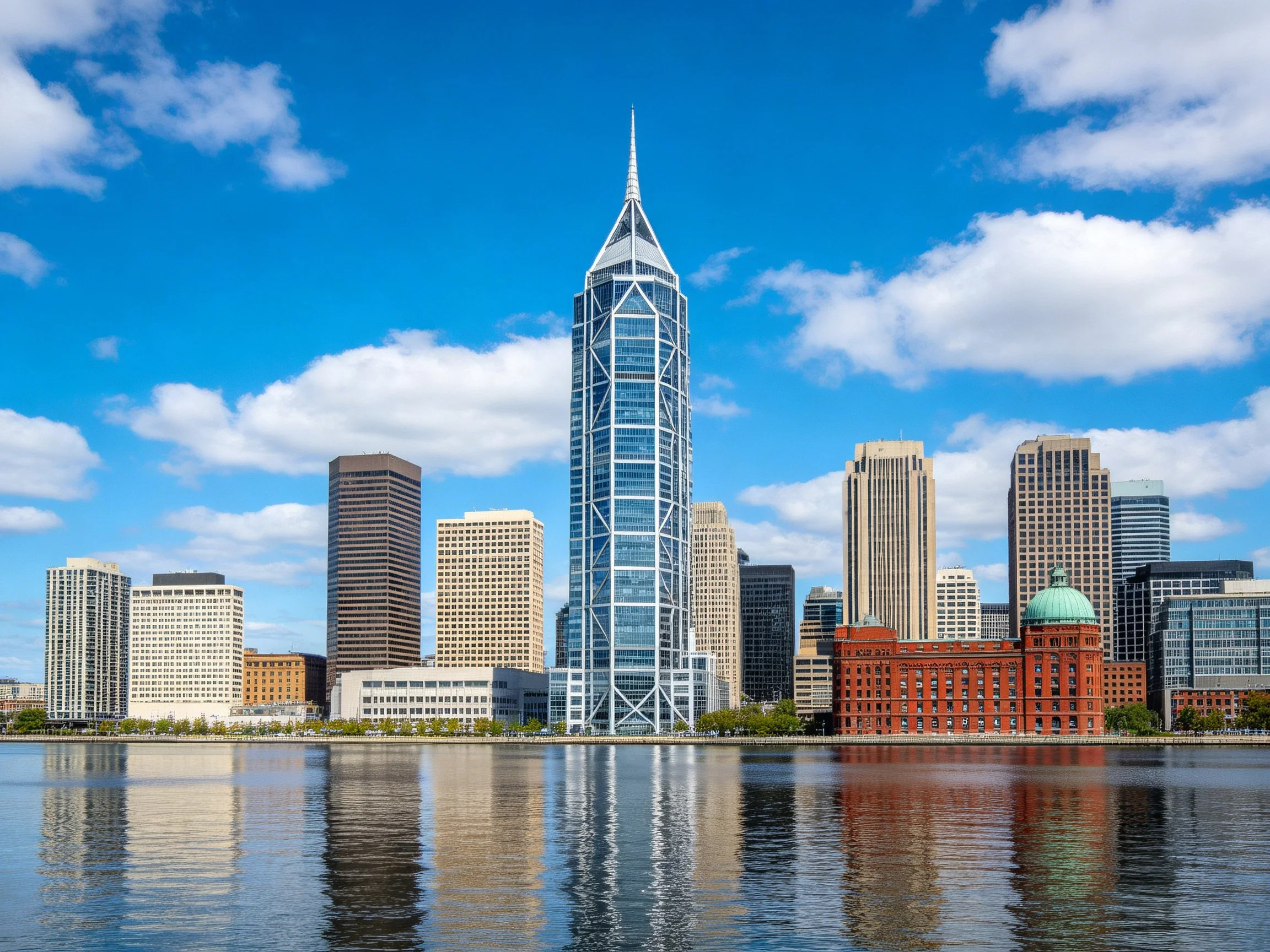 Modern glass skyscraper towers over diverse cityscape by reflective water