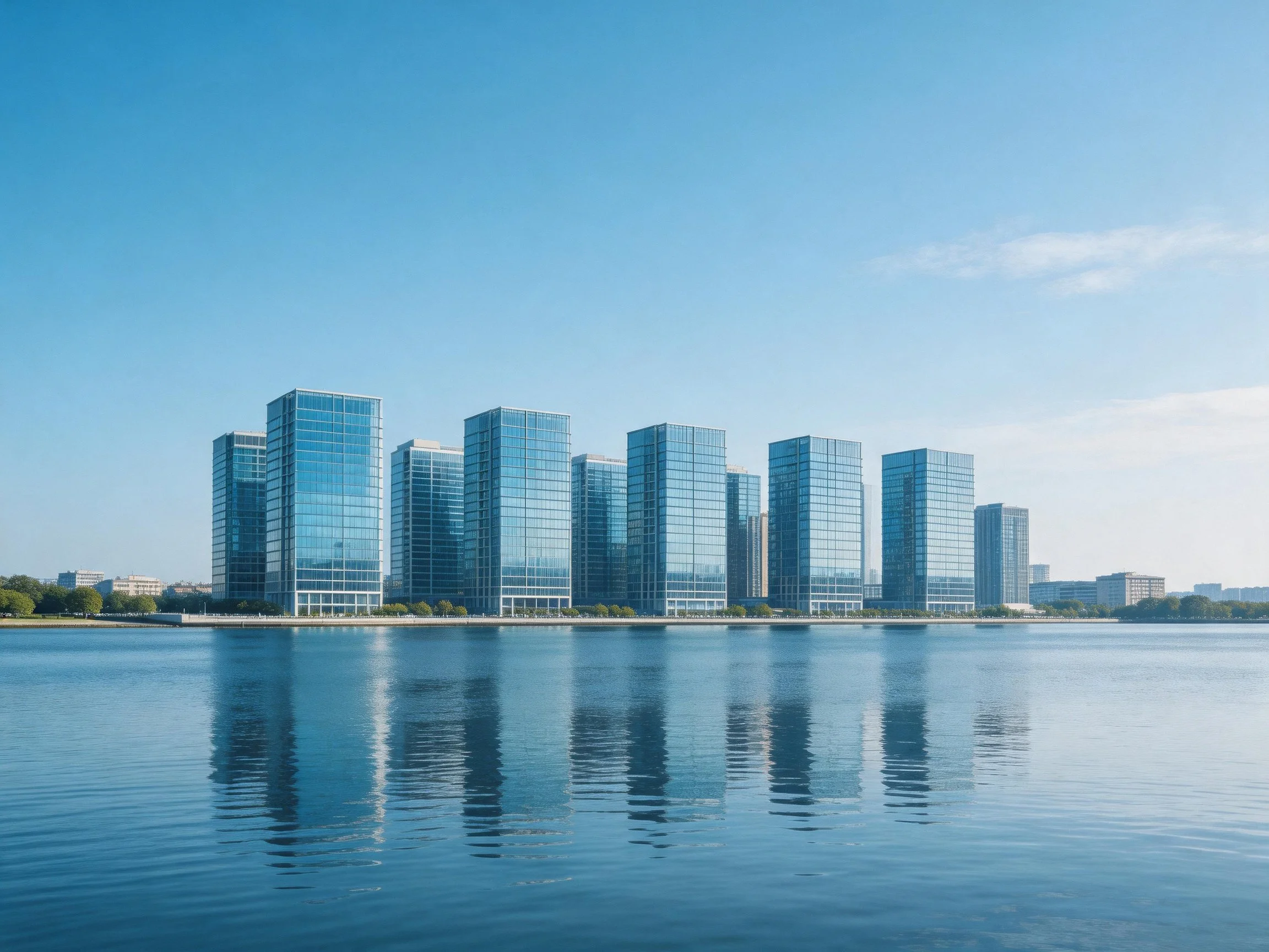 Modern glass skyscrapers reflect in serene blue waters under clear sky