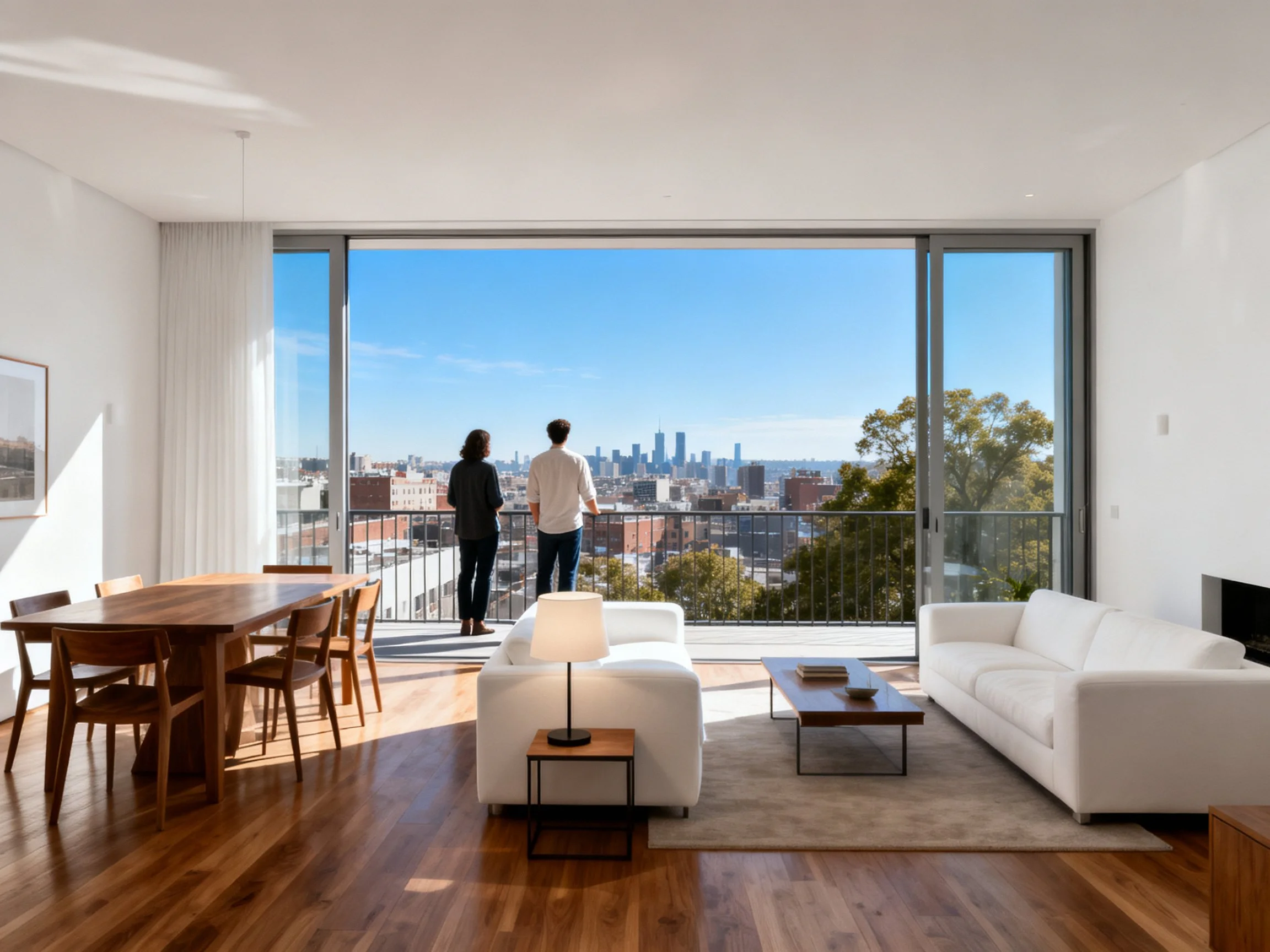 Modern open-plan living space with panoramic city views