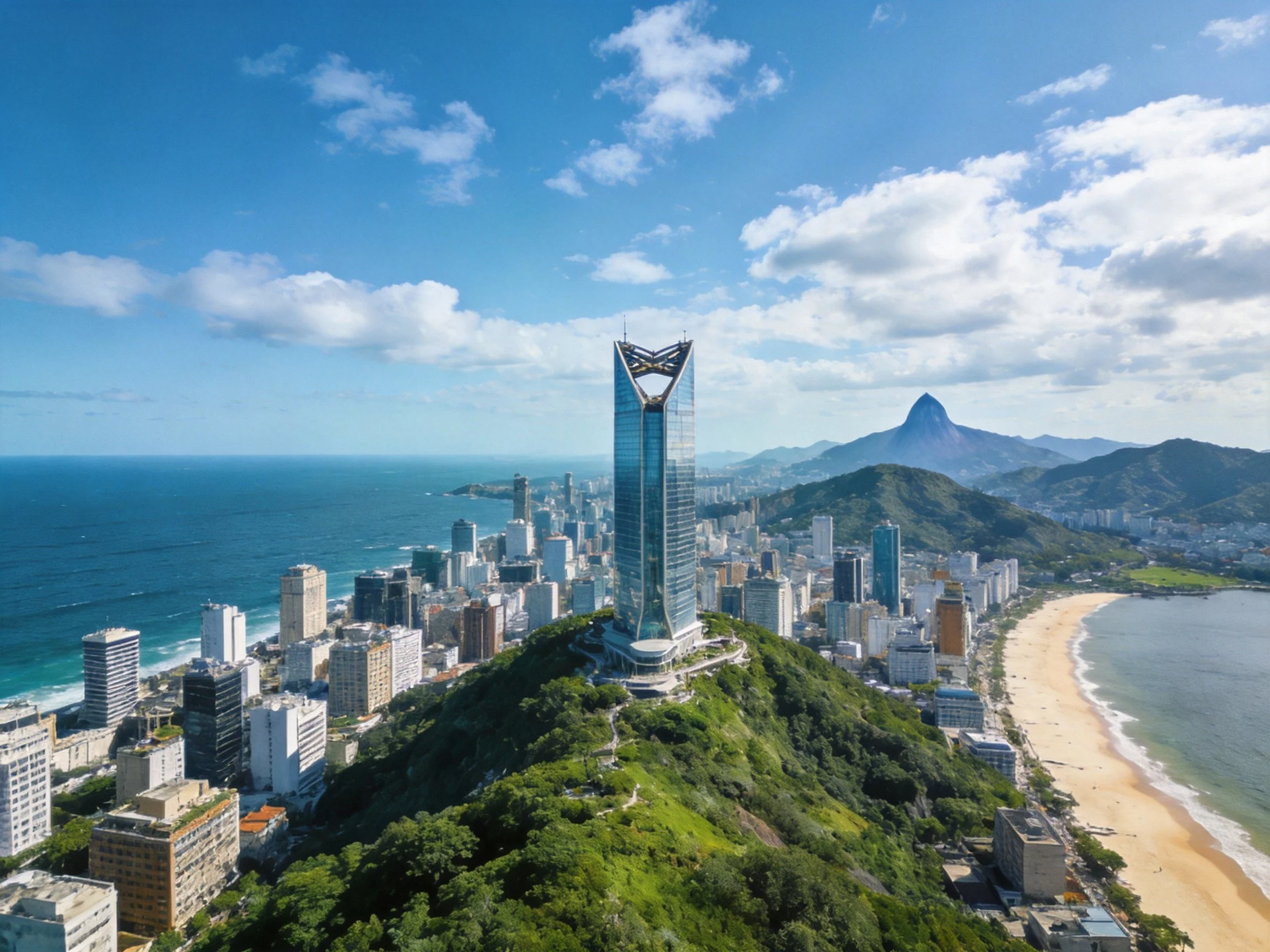 Modern skyscraper overlooks coastal city with sandy beach and mountain backdrop.