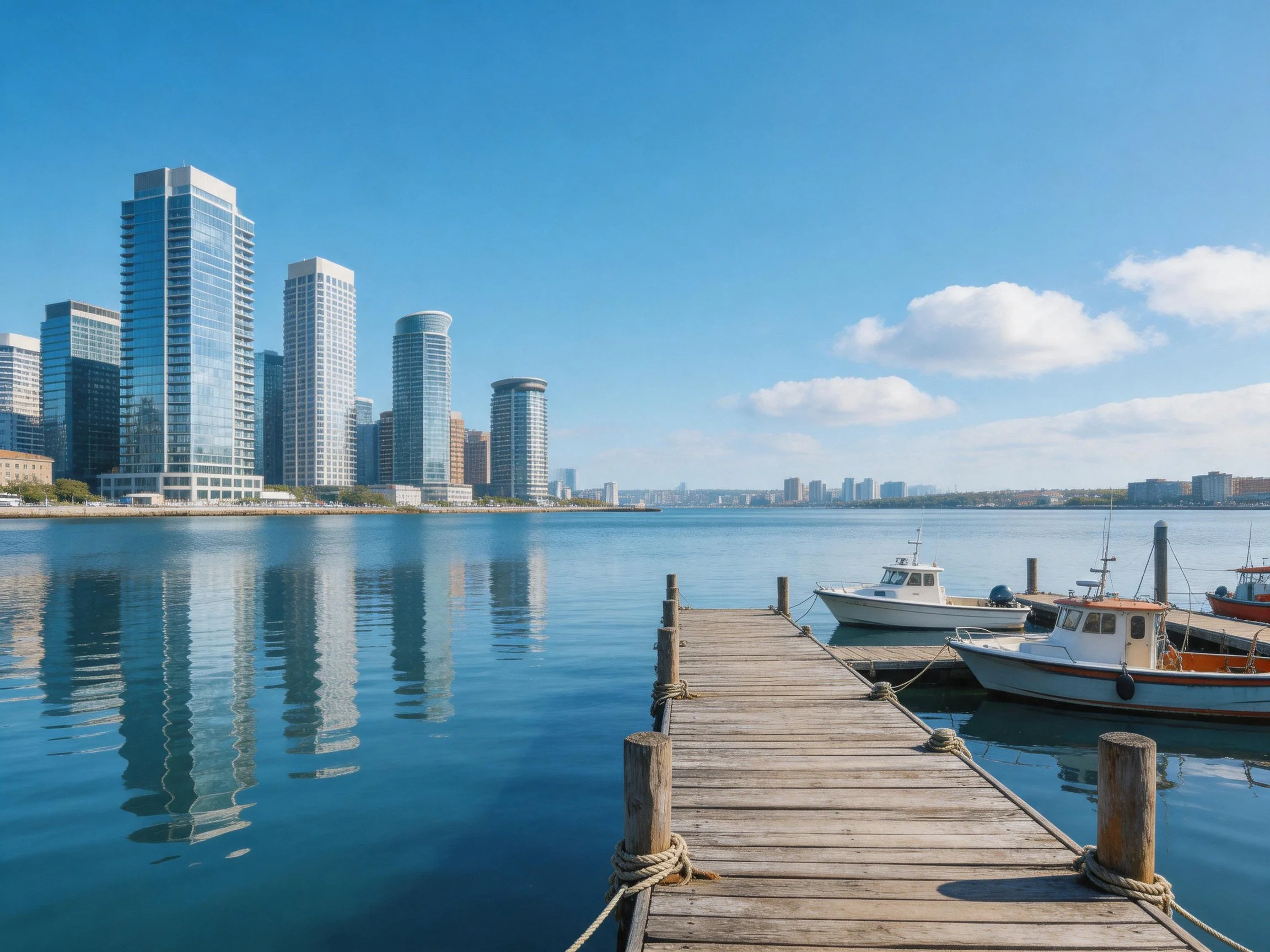 Modern skyscrapers reflect in calm harbor waters beside wooden dock