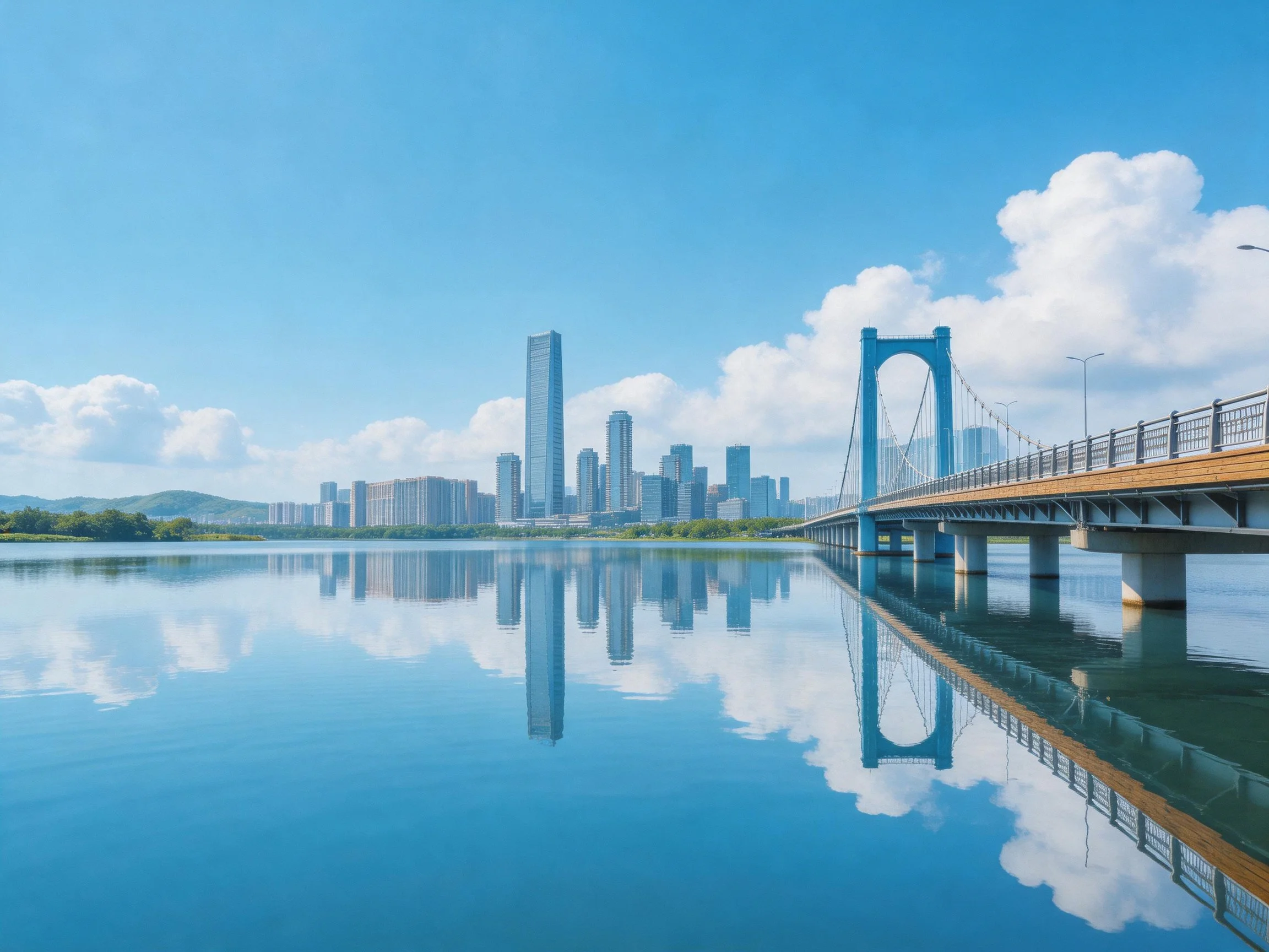 Modern skyscrapers reflected in calm blue water beside a blue suspension bridge
