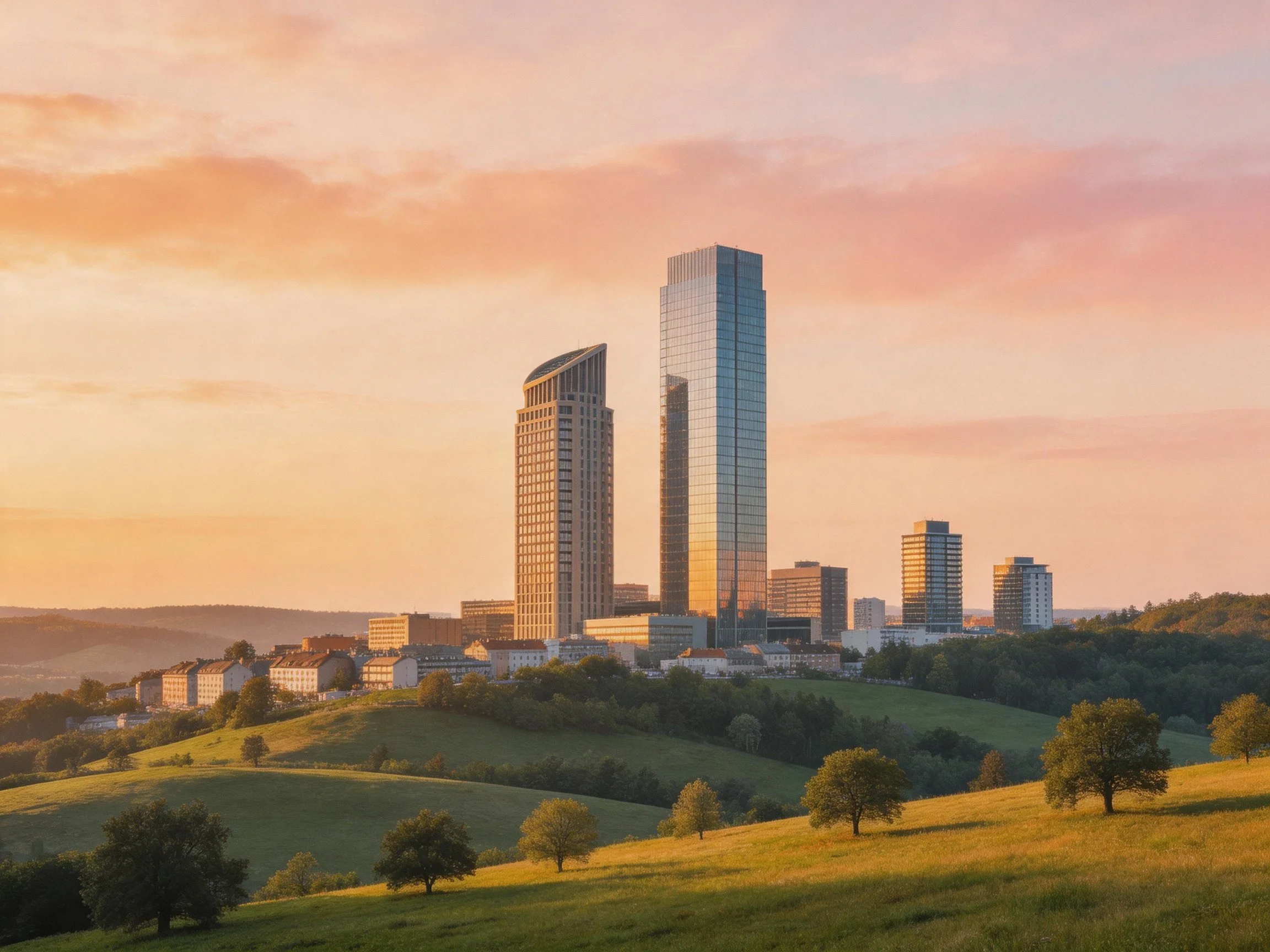 Modern skyscrapers rise among rolling green hills under a colorful sunset sky