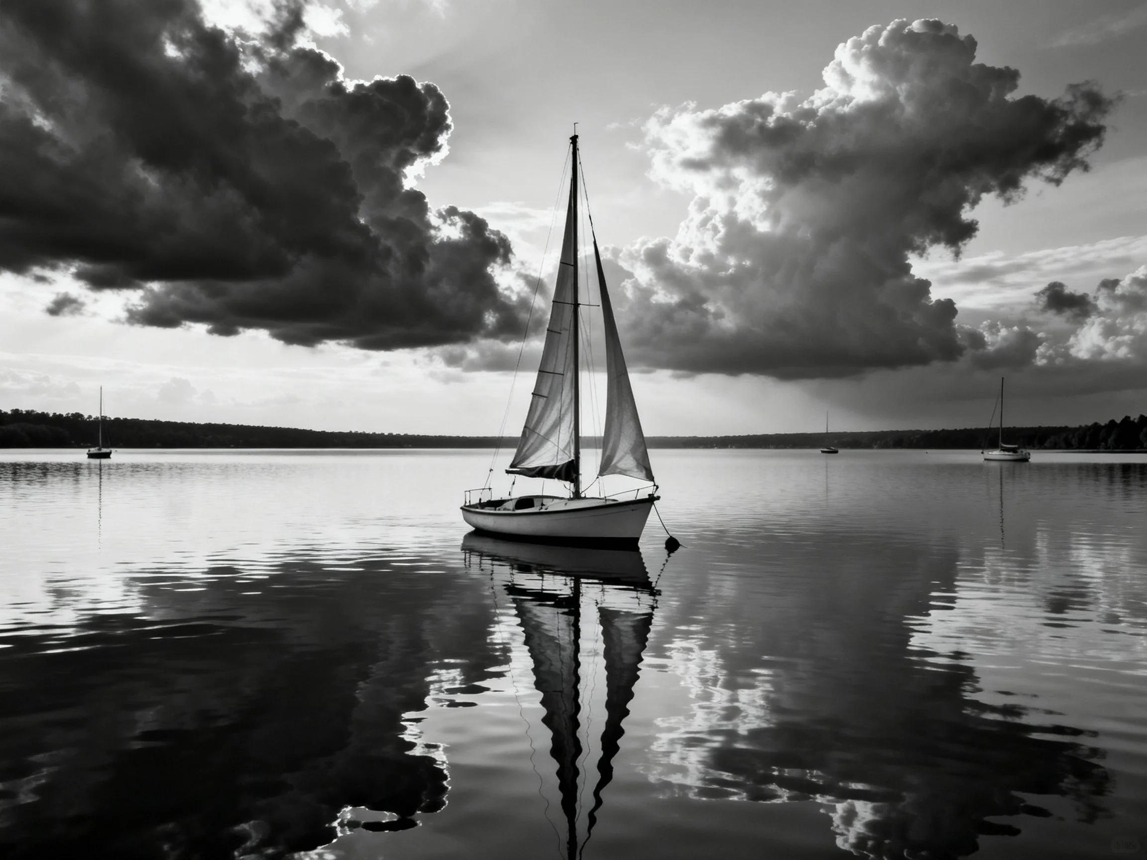 Monochrome Sailboat on Calm Waters With Dramatic Clouds