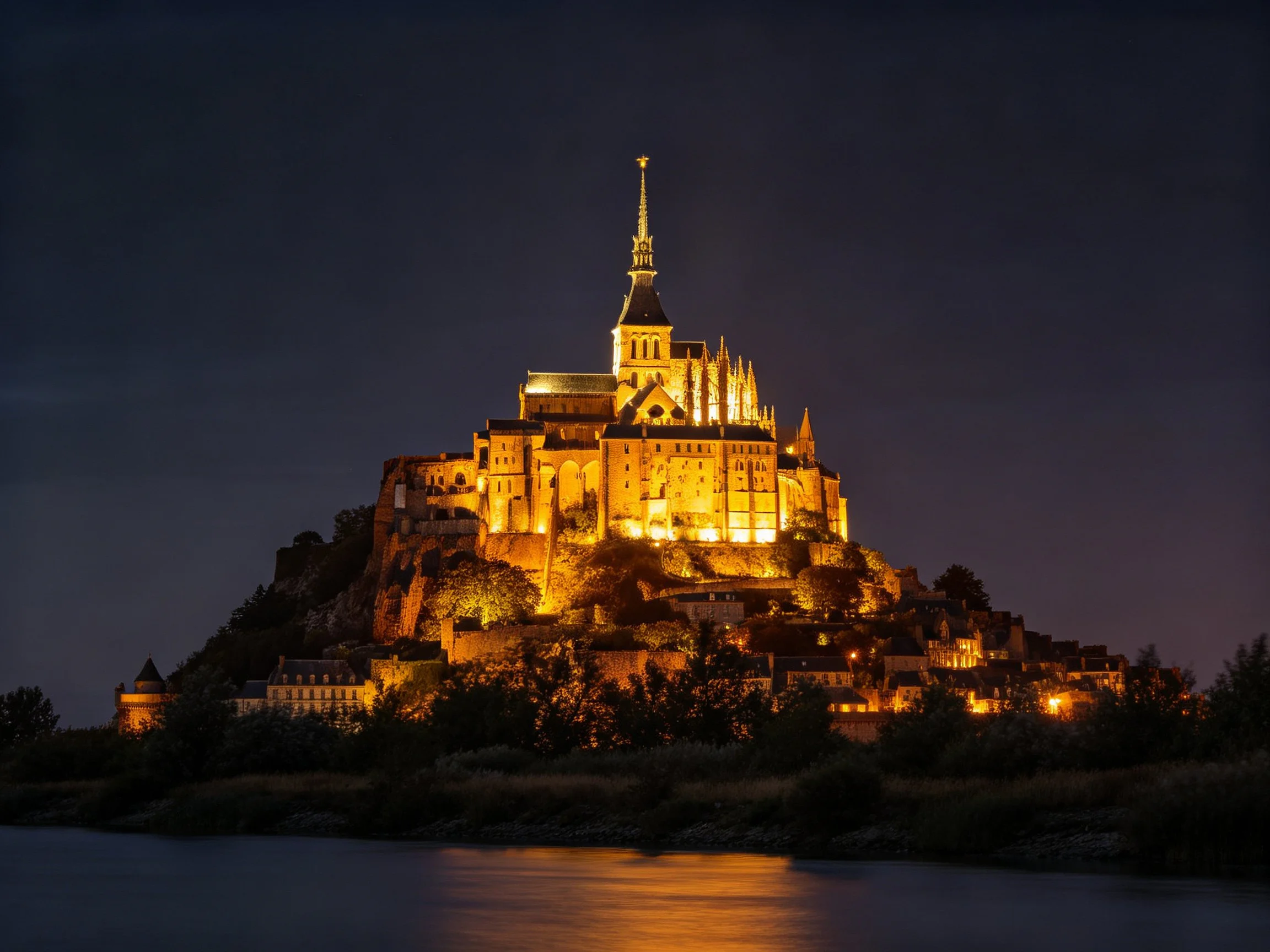 Mont Saint-Michel abbey illuminated golden at night