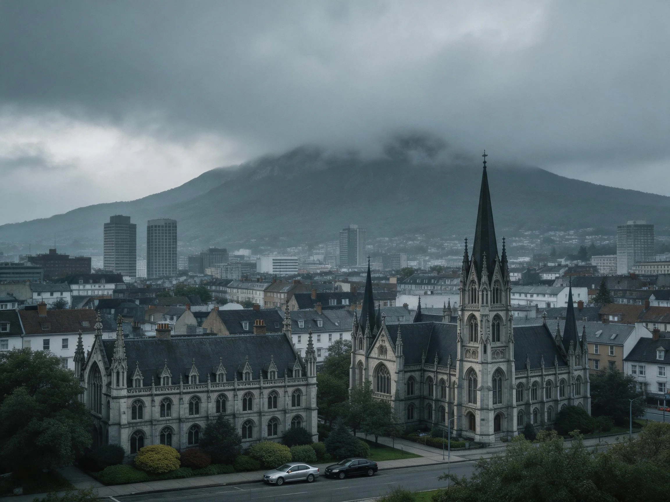 Moody cityscape with Gothic architecture and mist-shrouded mountain