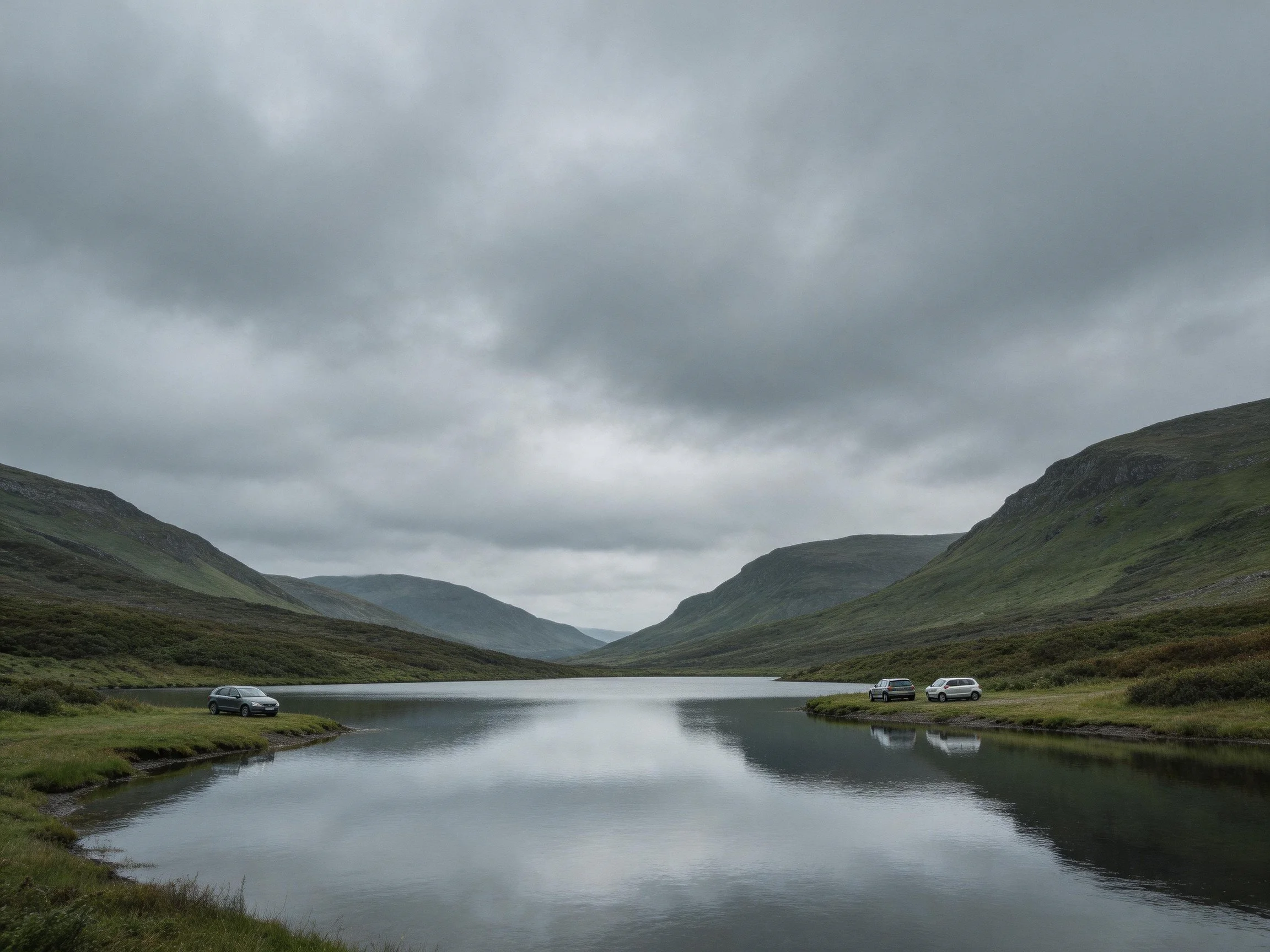 Moody gray clouds hover over a calm lake flanked by green hills