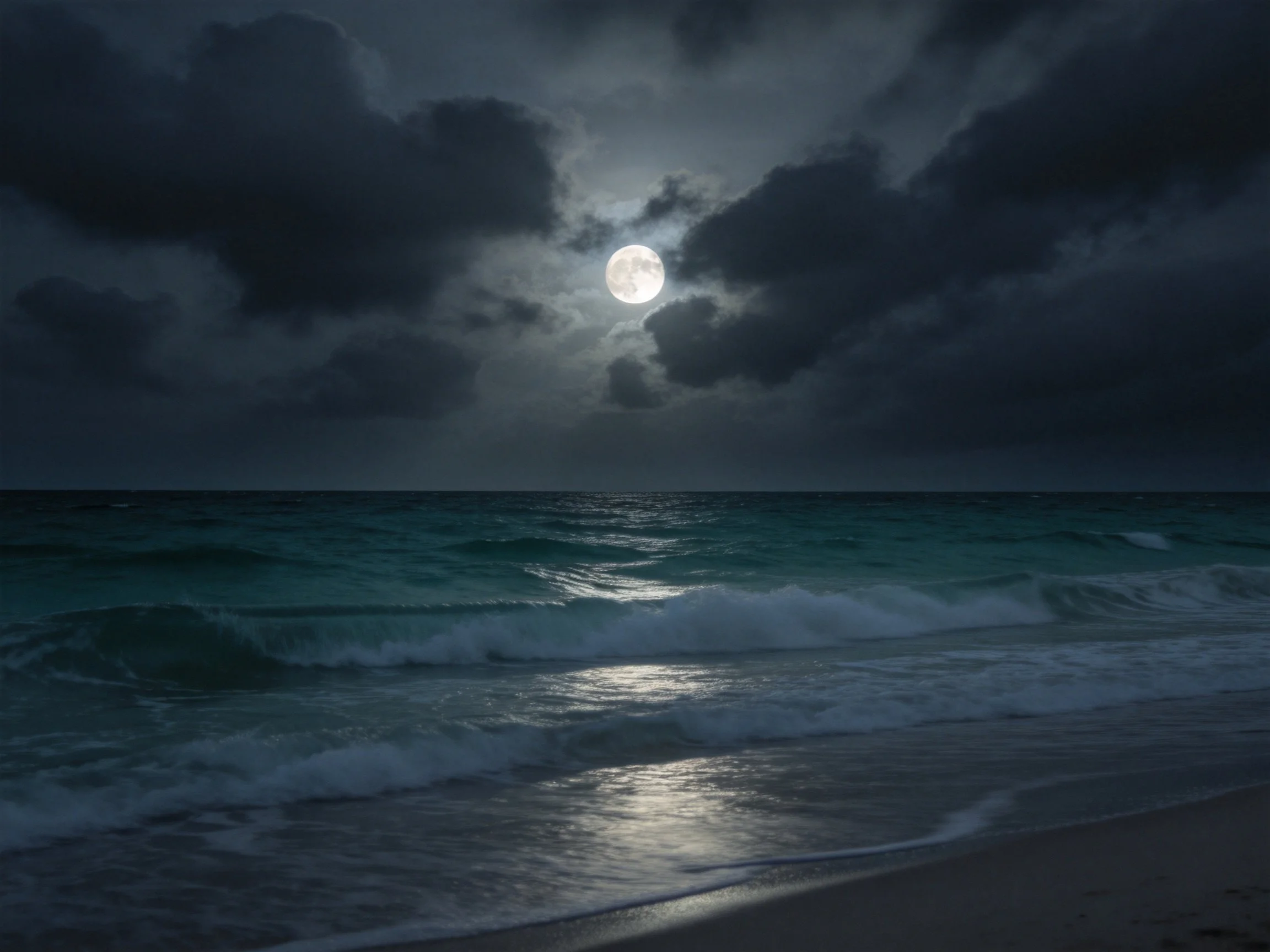 Moonlit Coastal Scene with Turquoise Waters and Dark Clouds