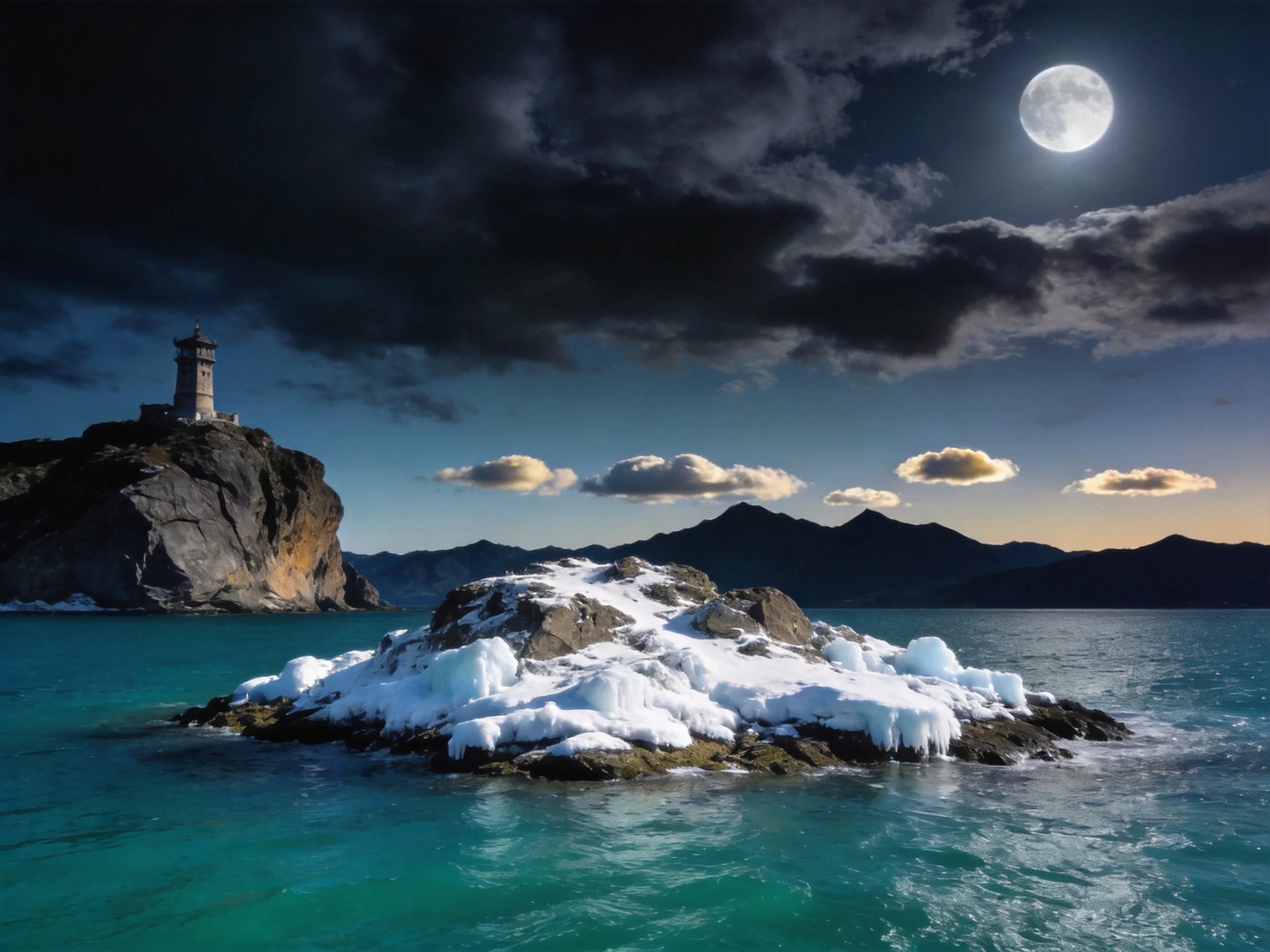 Moonlit Coastal View with Lighthouse and Icy Rock