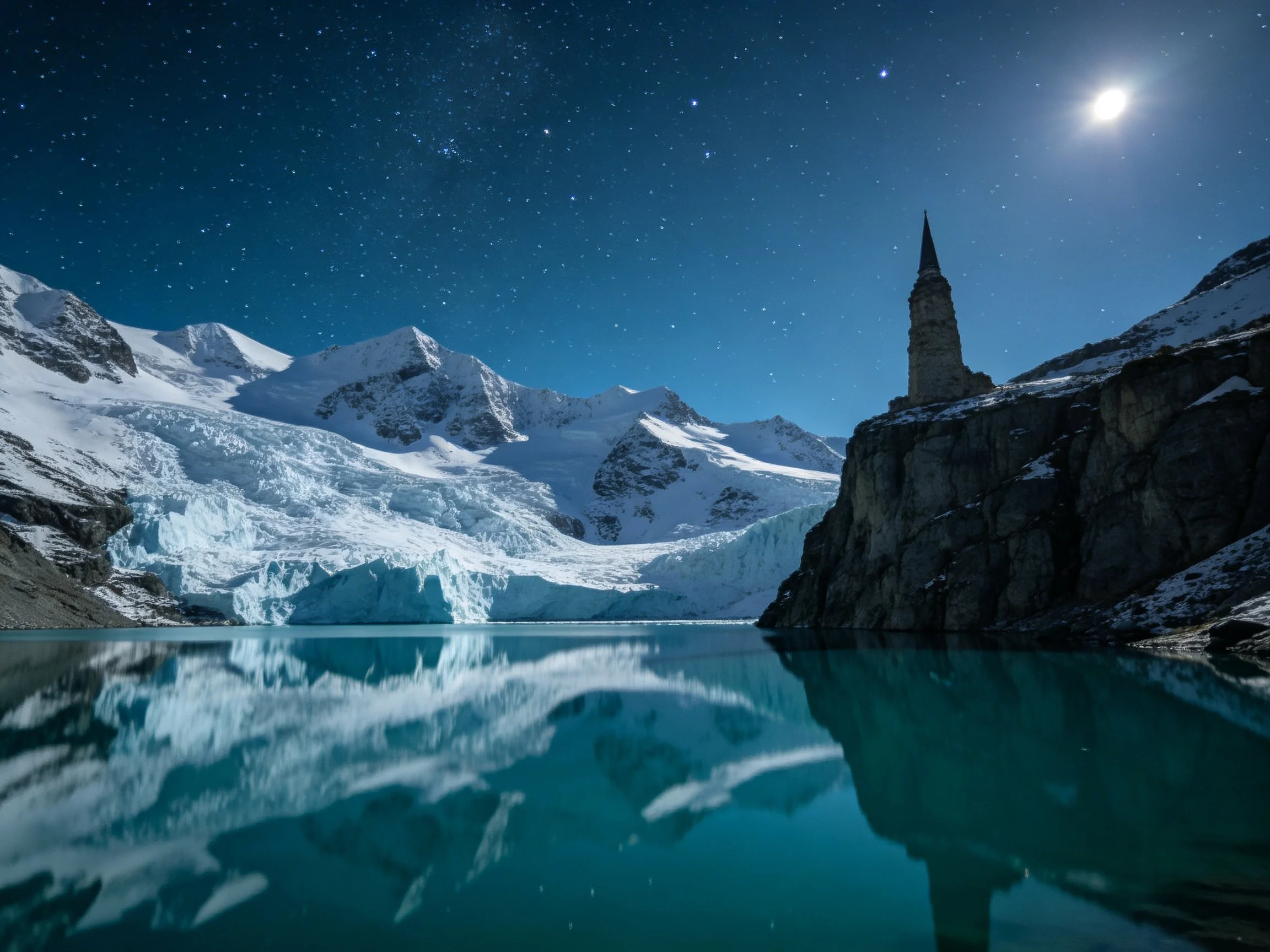 Moonlit Glacier, Turquoise Lake, Ancient Stone Tower