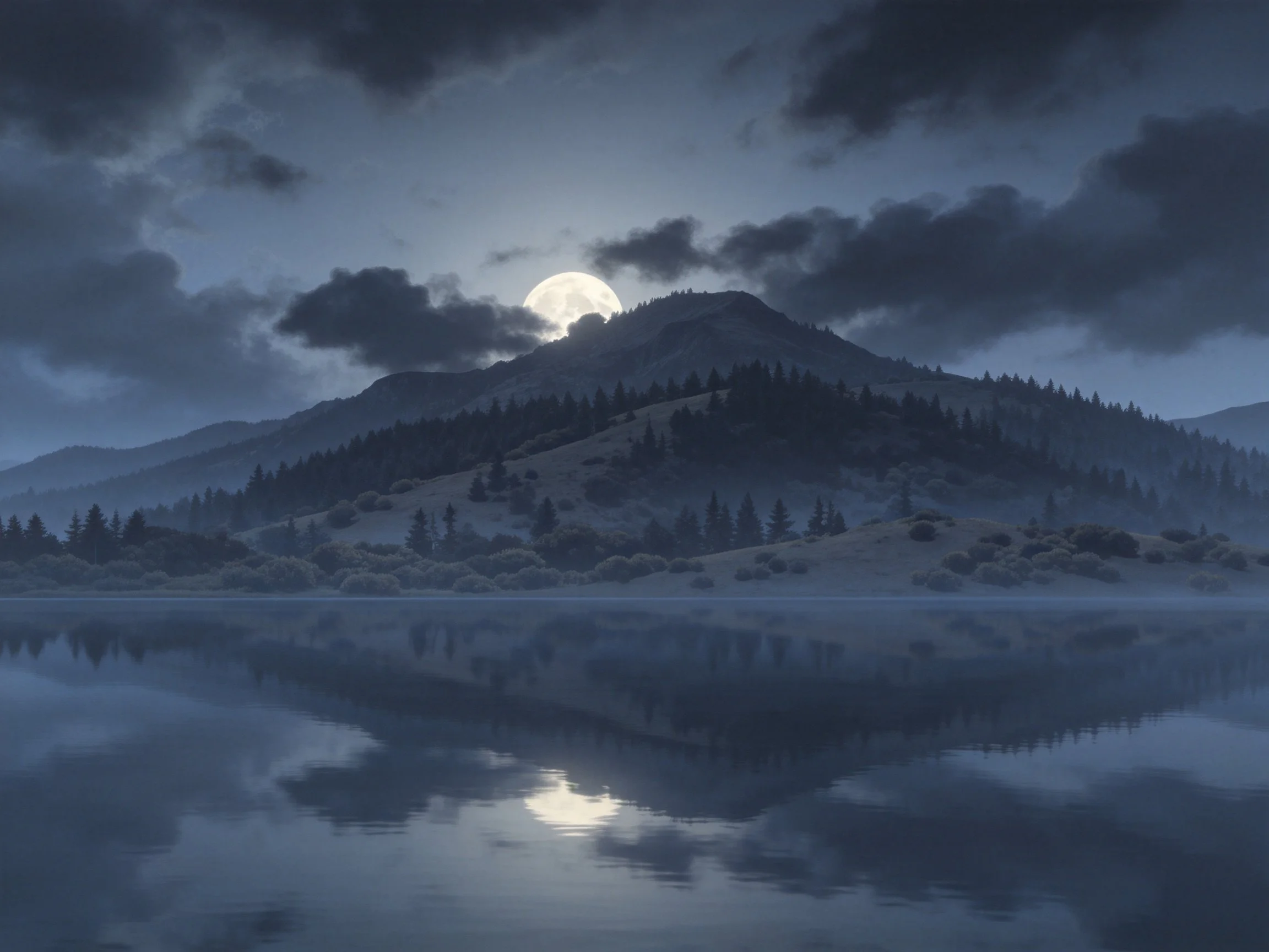 Moonlit Mountain Landscape with Forest Slopes and Reflective Lake