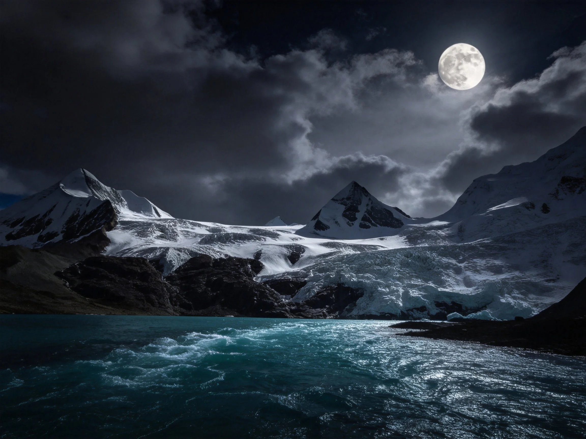 Moonlit Snow-Capped Peaks Over Turquoise Glacial Lake