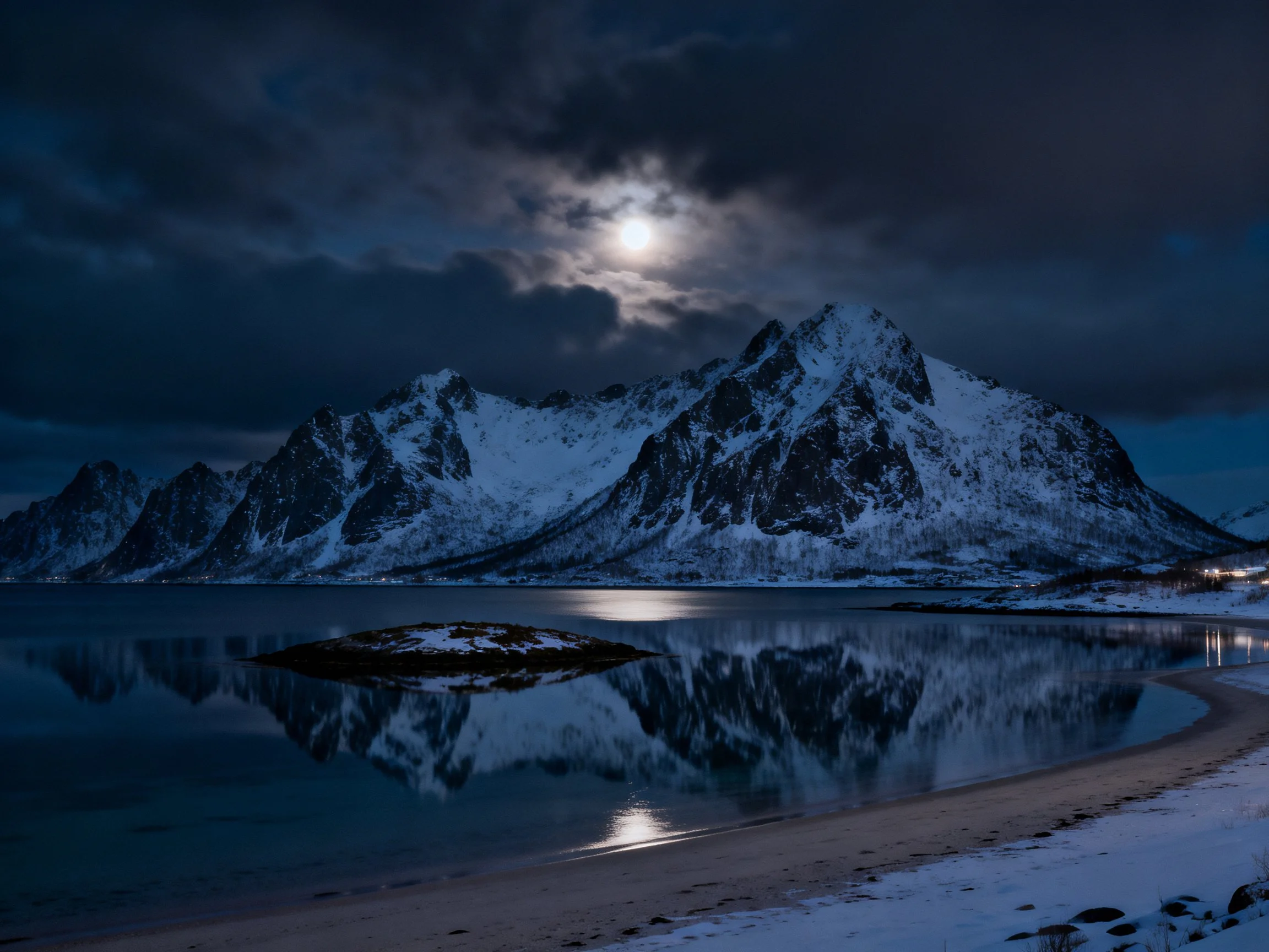 Moonlit Snow-Covered Peaks Reflected in Calm Waters