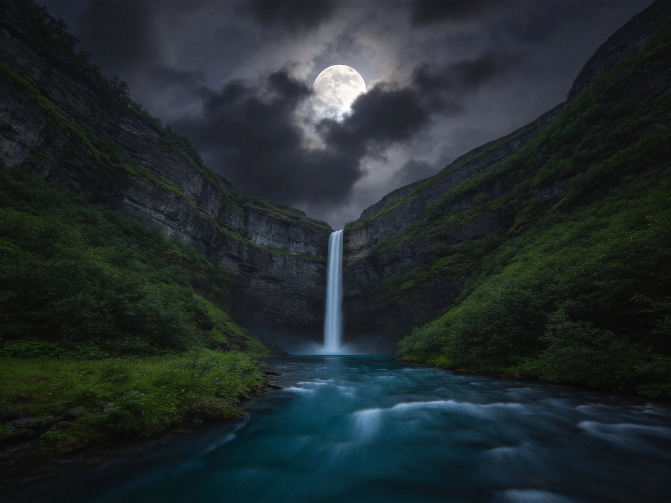 Moonlit Waterfall Between Verdant Cliffs Over Turquoise Stream