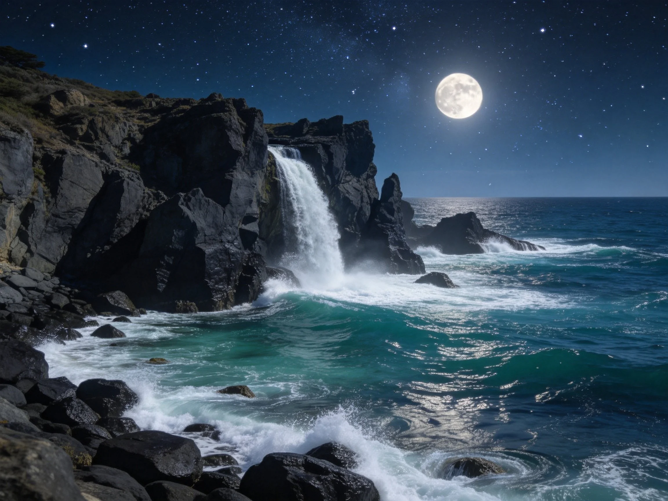 Moonlit waterfall spills from dark cliffs into turquoise sea