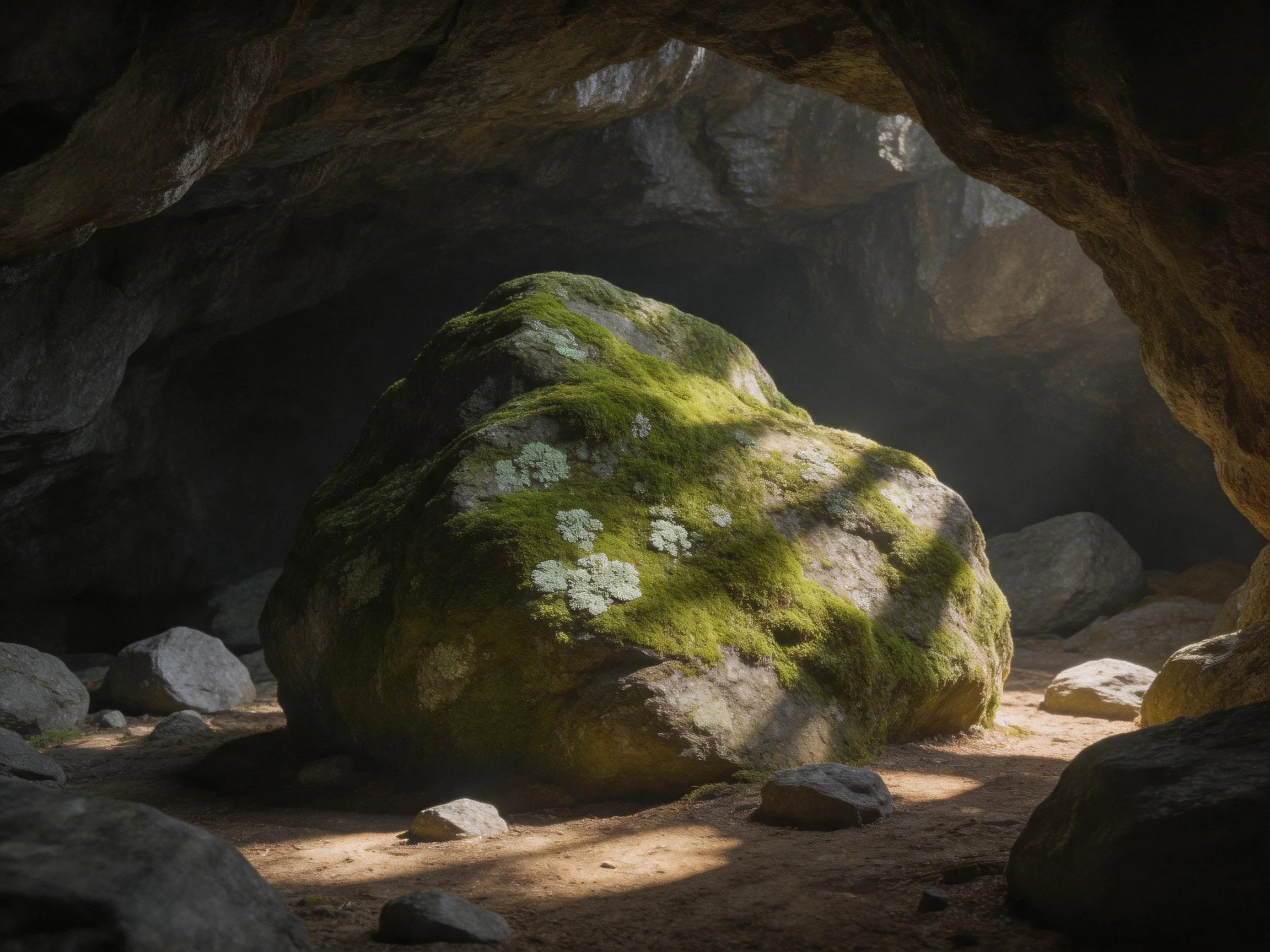 Moss-Covered Boulder in Sunlit Cave Entrance