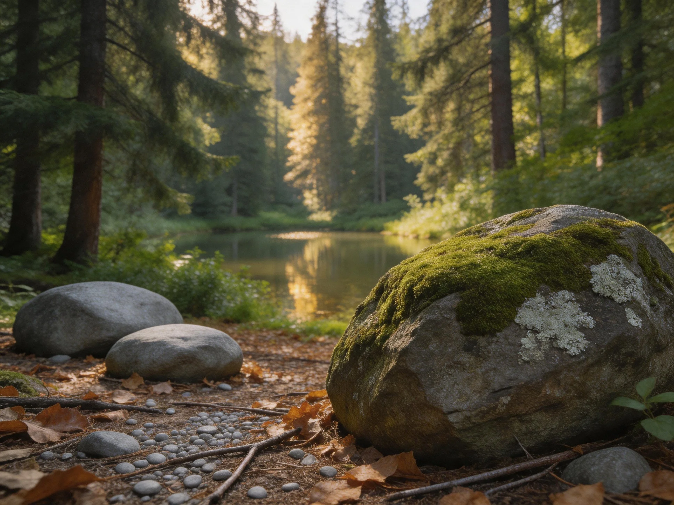 Moss-Covered Boulders Near a Forest Stream
