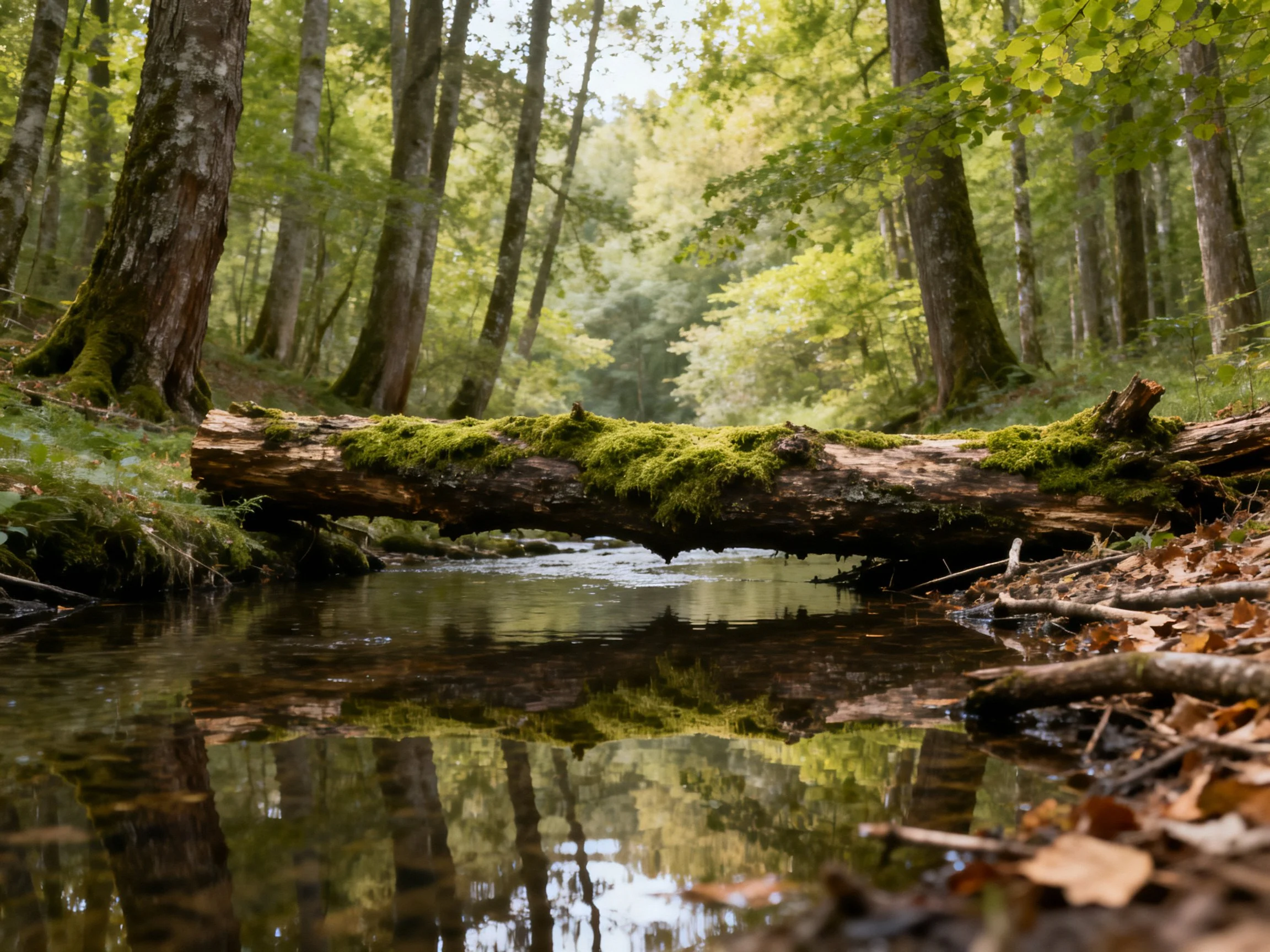 Moss-Covered Fallen Log Spans Forest Stream with Tall Trees