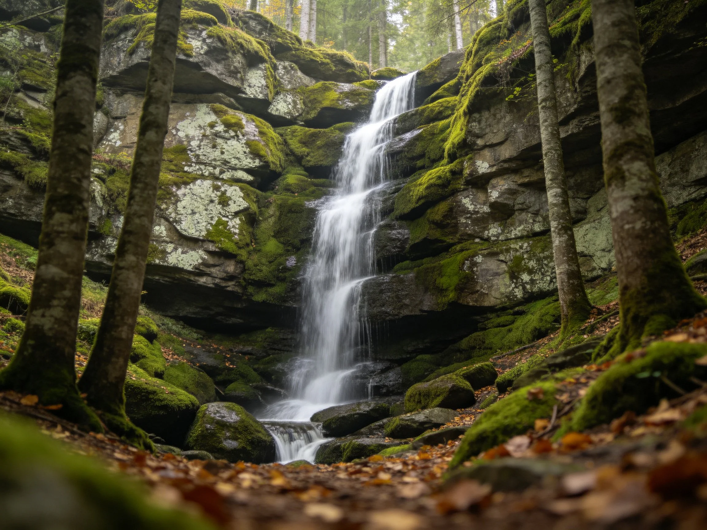 Moss-Covered Forest Waterfall Over Rocky Tiers