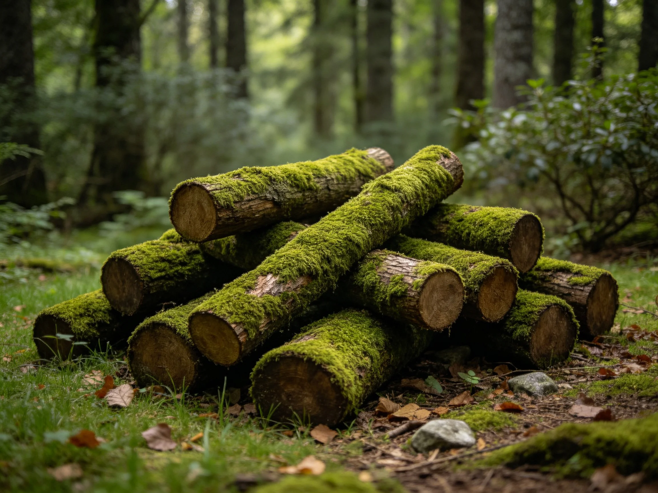 Moss-Covered Logs Piled in a Lush Forest