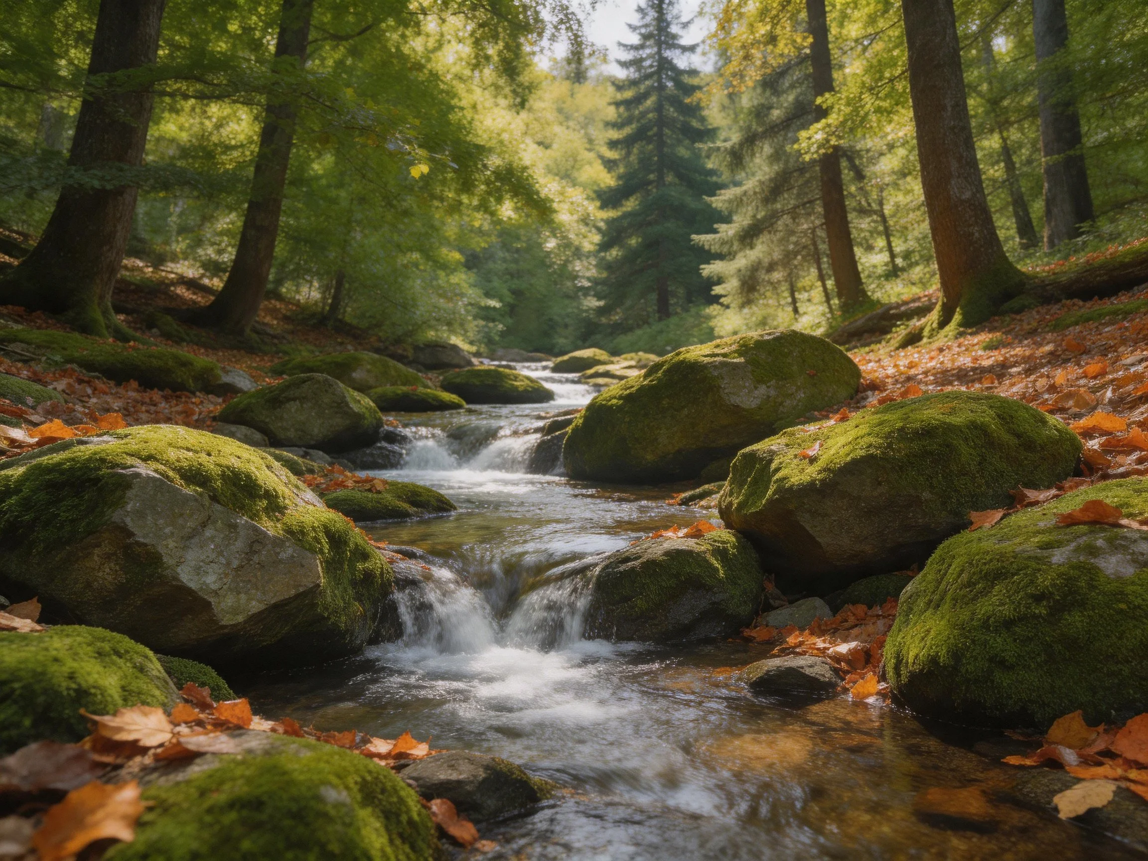 Moss-Covered Rocks Along a Flowing Forest Stream with Autumn Leaves