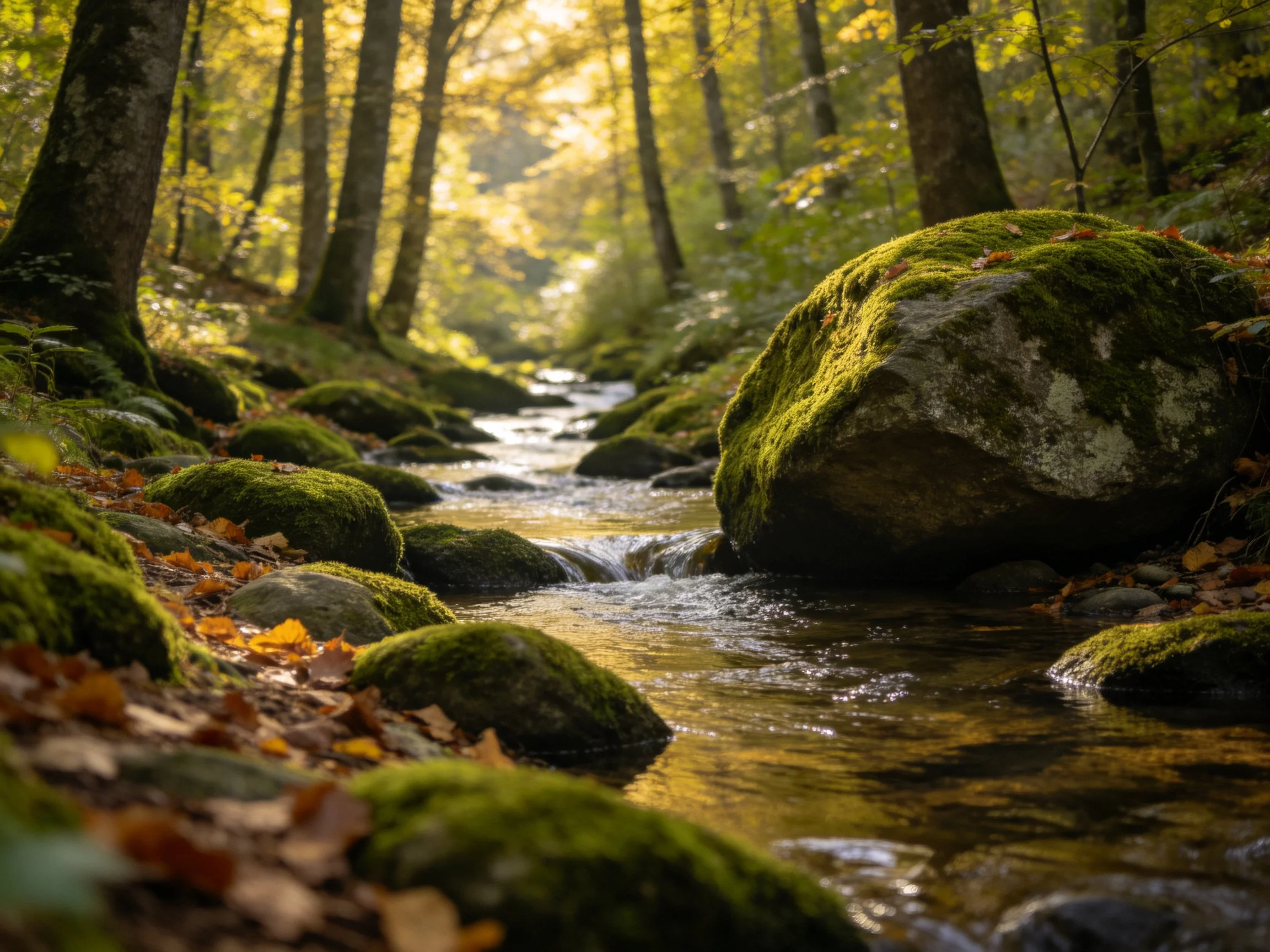 Moss-Covered Rocks Along a Sunlit Forest Stream