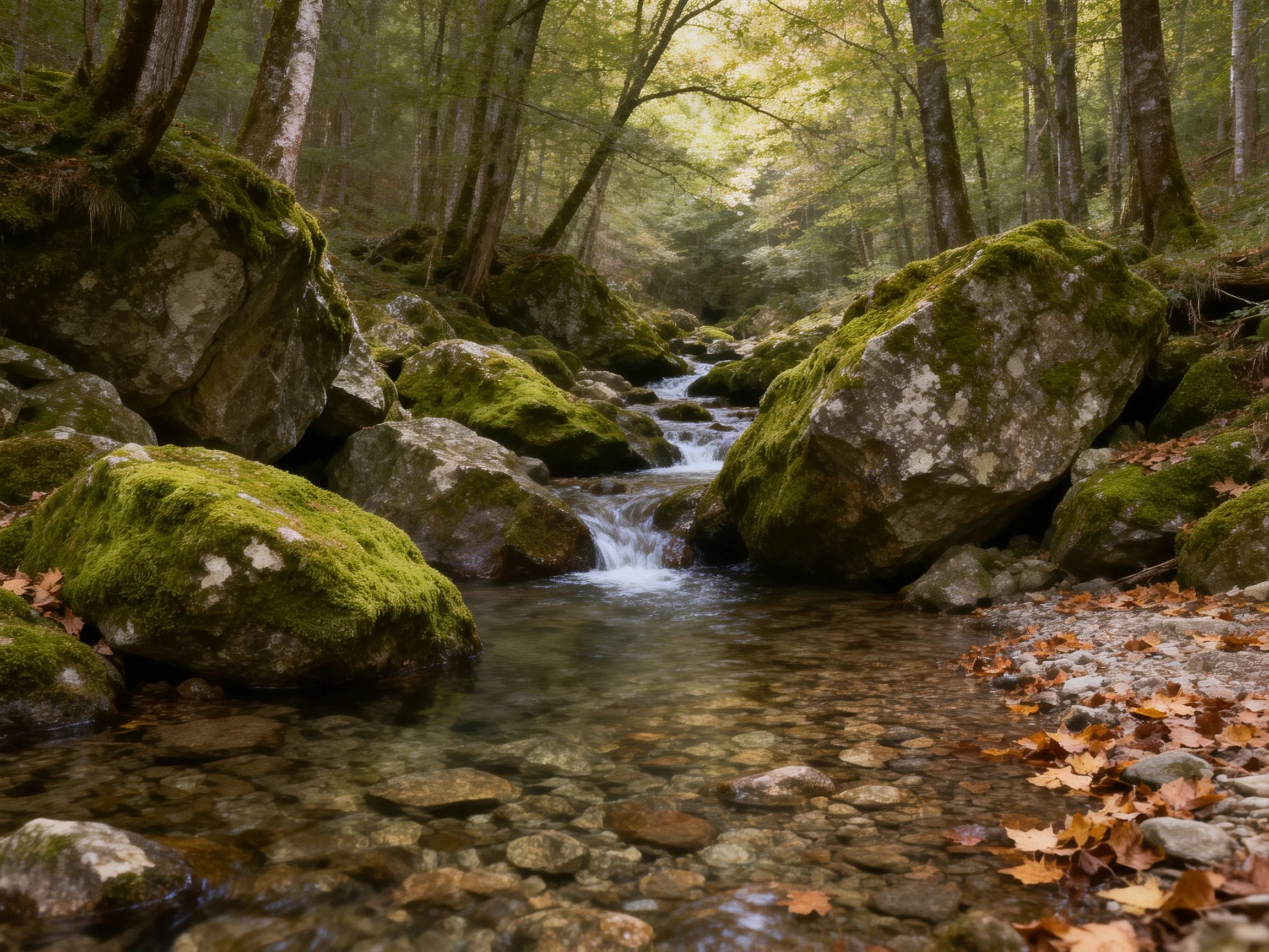 Moss-Covered Rocks Frame a Clear Forest Stream