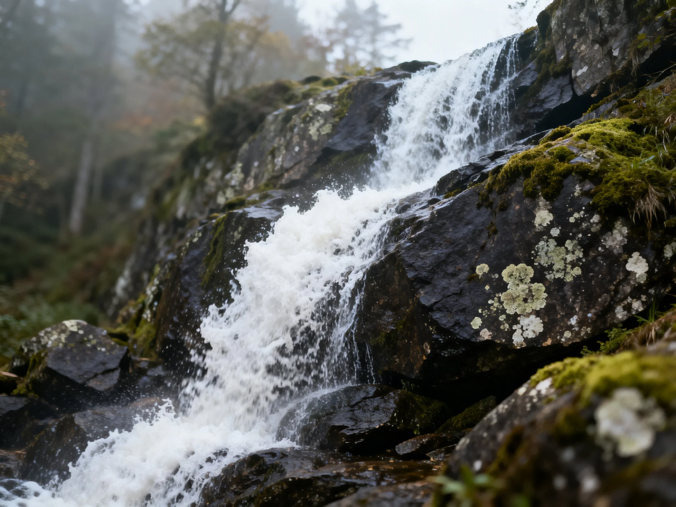 Moss-Covered Rocks With Lichen And Waterfall In Misty Forest