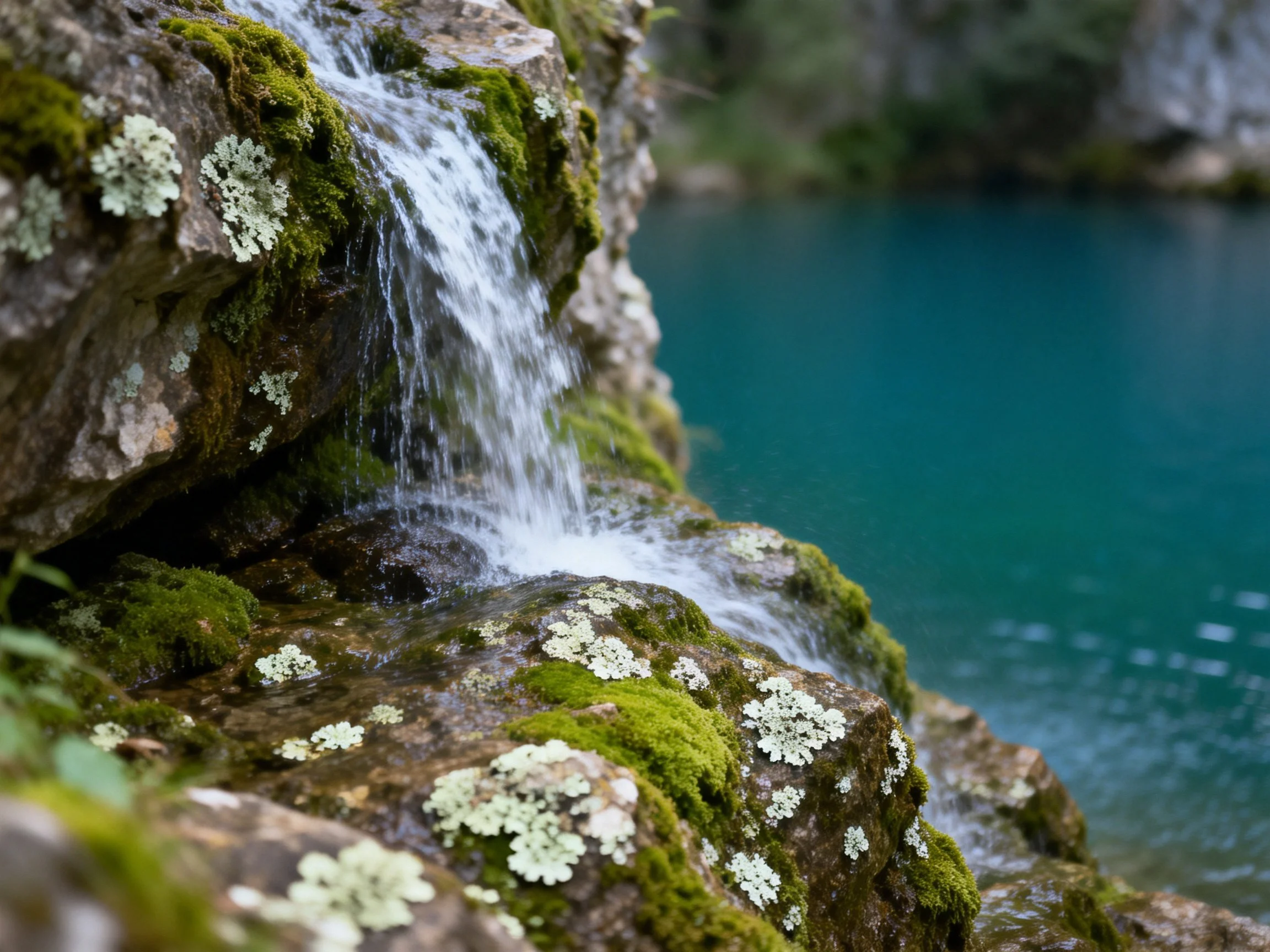 Moss-Covered Rocks With Lichen, Small Waterfall Into Turquoise Pool