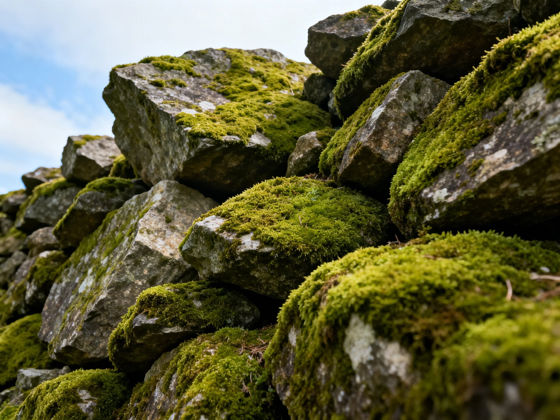 Moss-Covered Stone Stack with Blue Sky Background