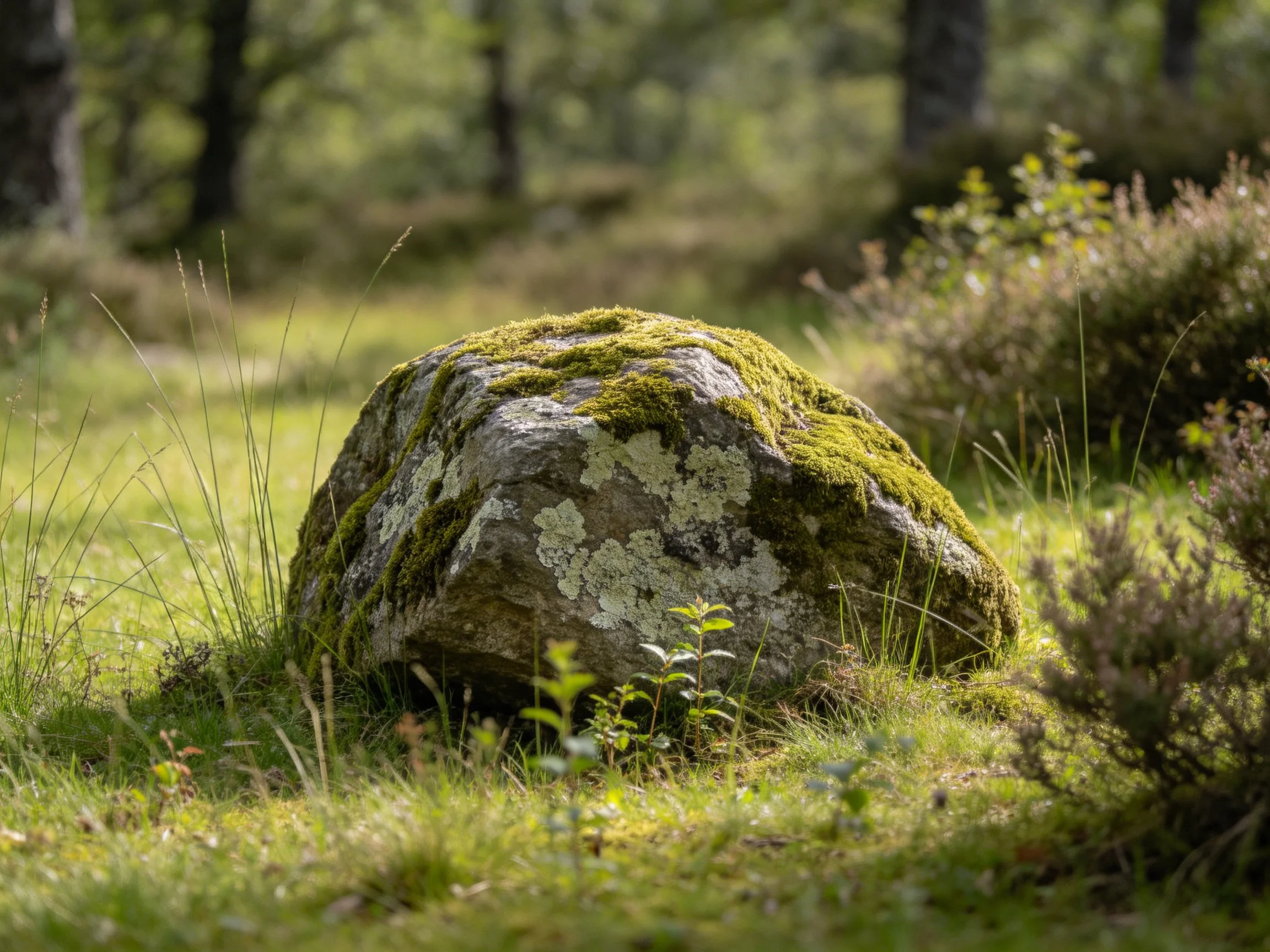 Moss-Covered Stone in Sunlit Forest Clearing