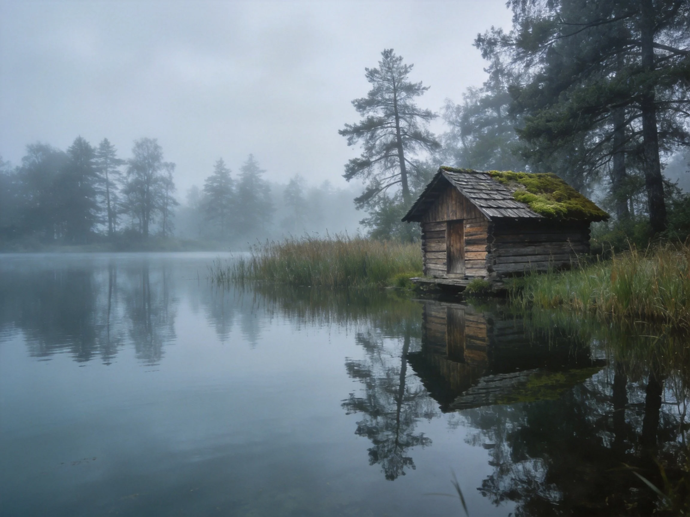Moss-Covered Wooden Cabin Near Mist-Shrouded Forest Lake