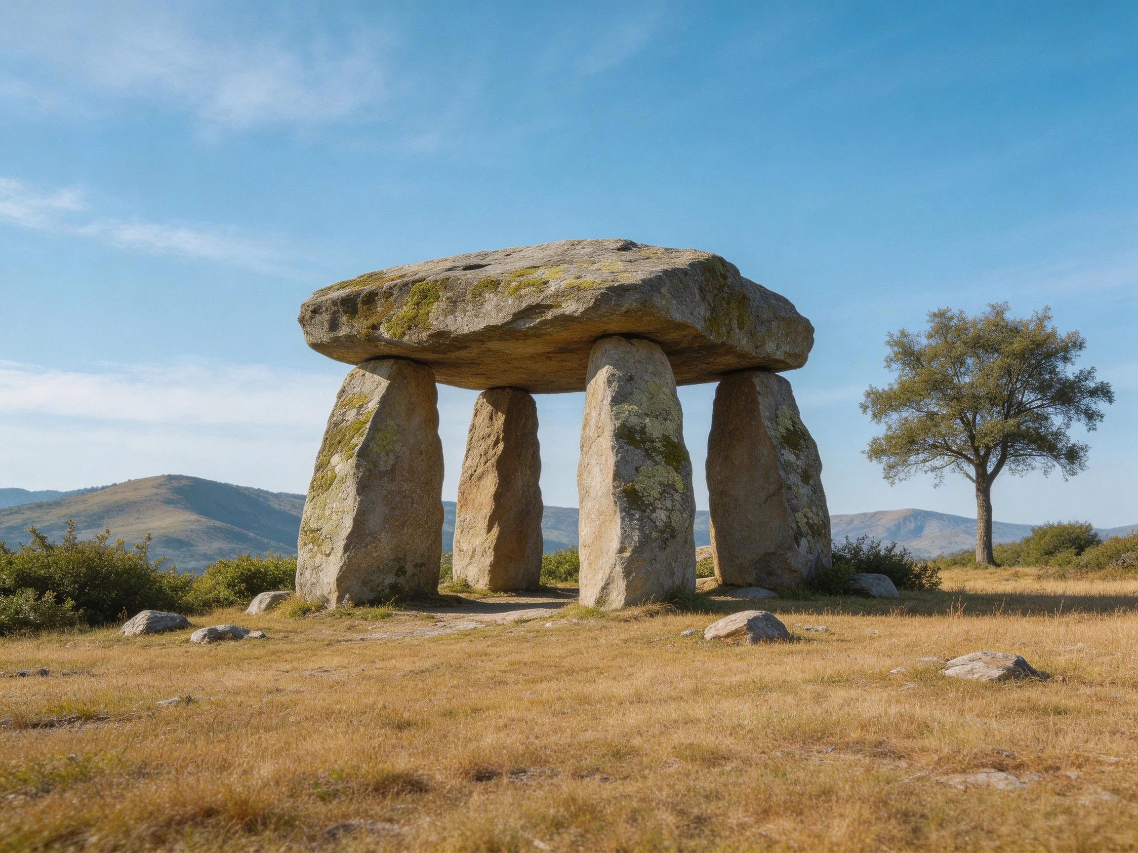 Moss-covered ancient stone dolmen in open field