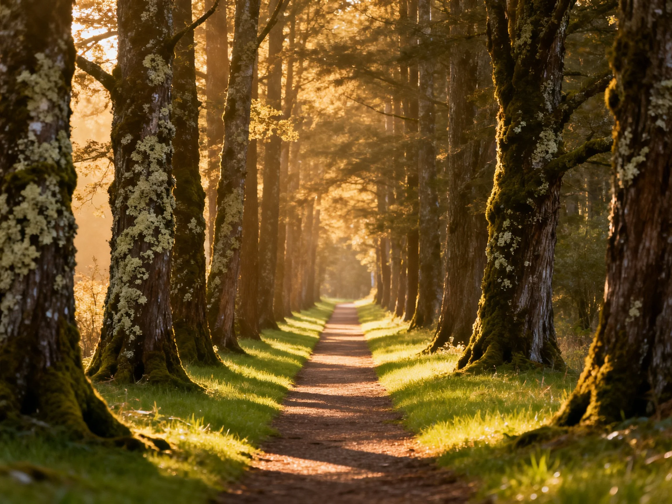 Moss-covered ancient trees border a sun-dappled forest path