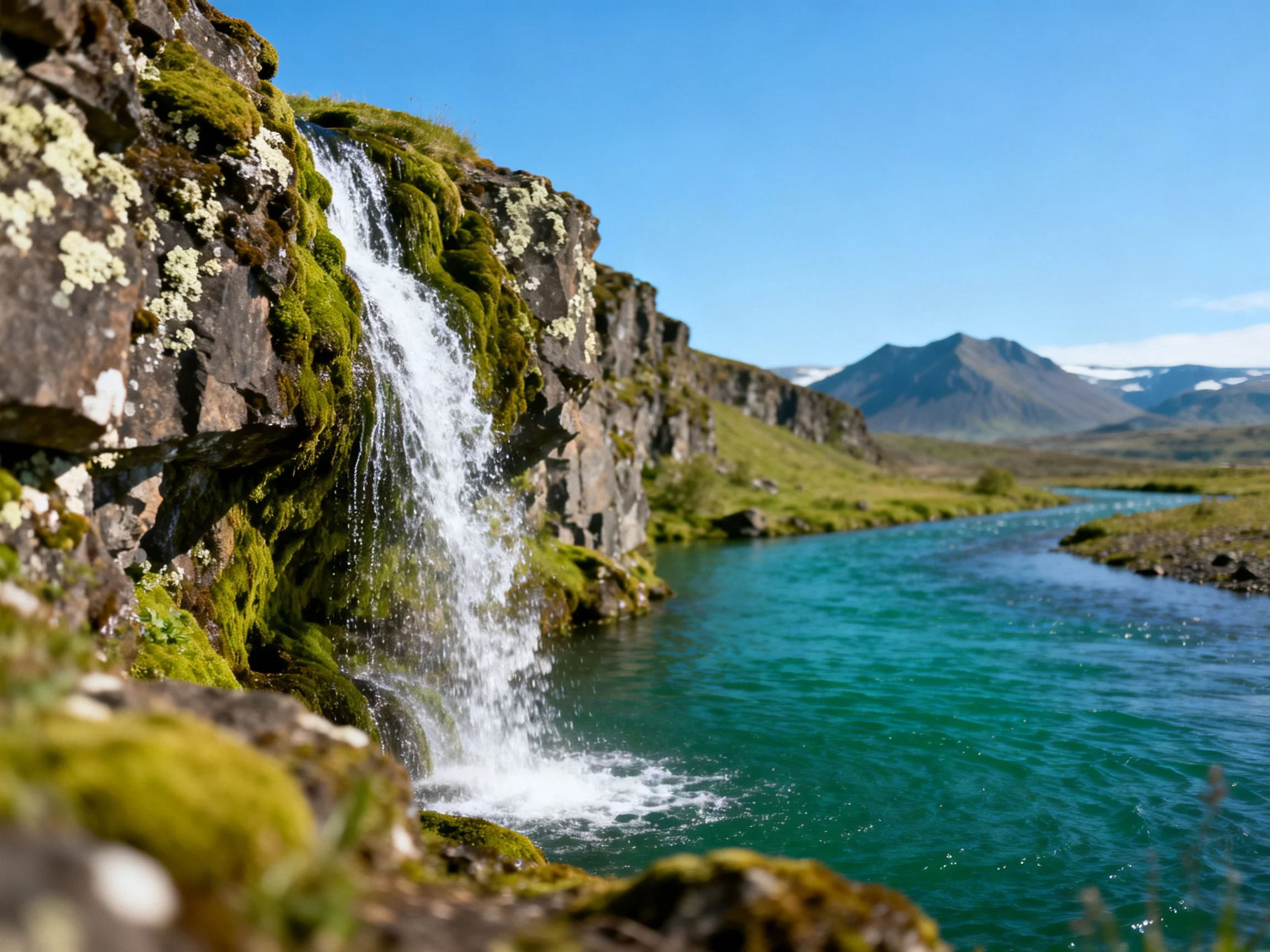Moss-covered cliffside waterfall into turquoise river with distant mountains