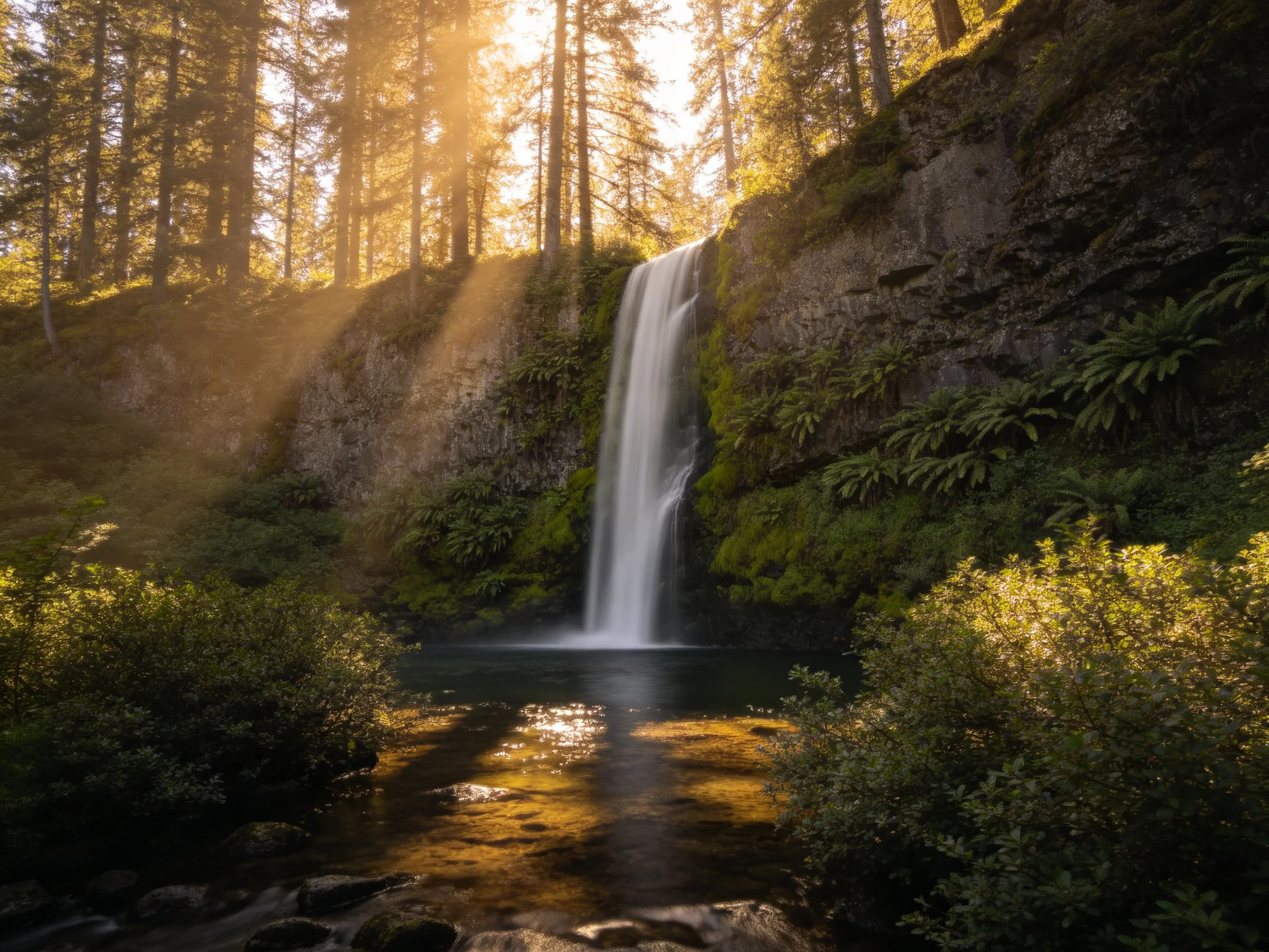 Moss-covered forest waterfall illuminated by golden sunbeams