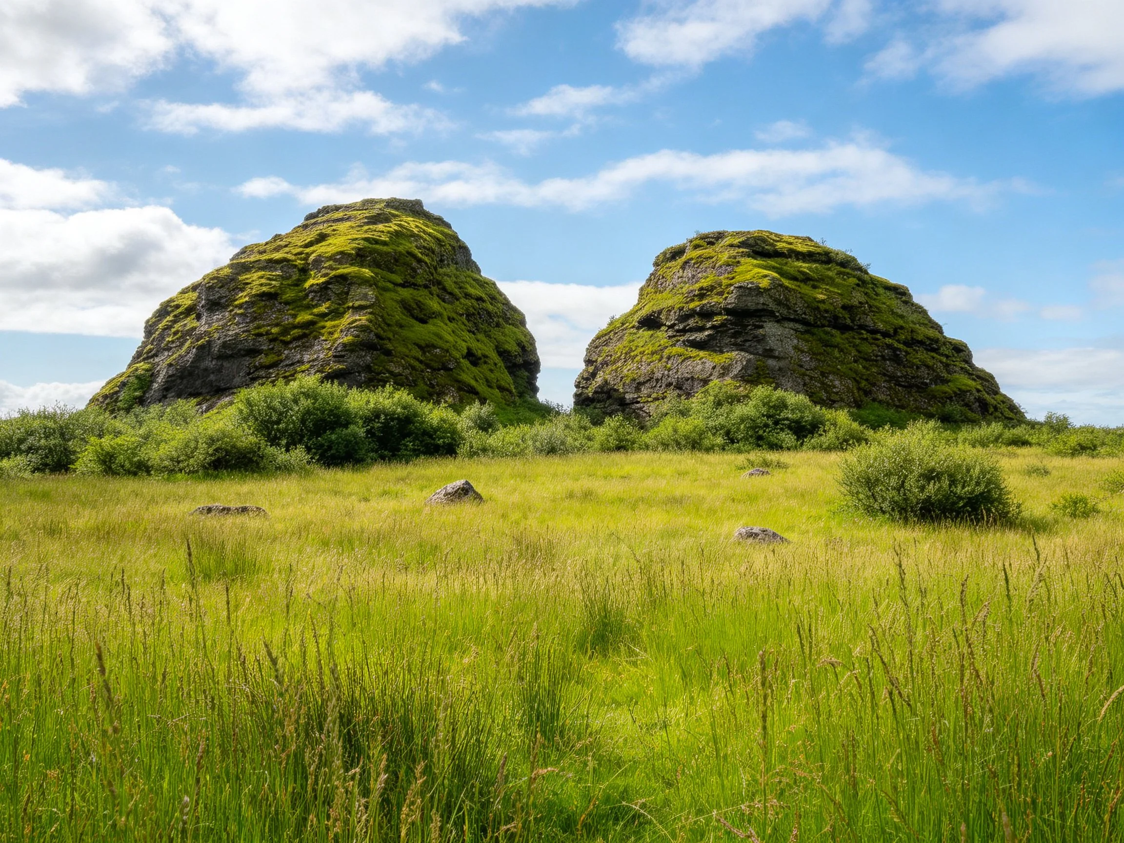 Moss-covered rock formations in a lush green meadow under sunny sky