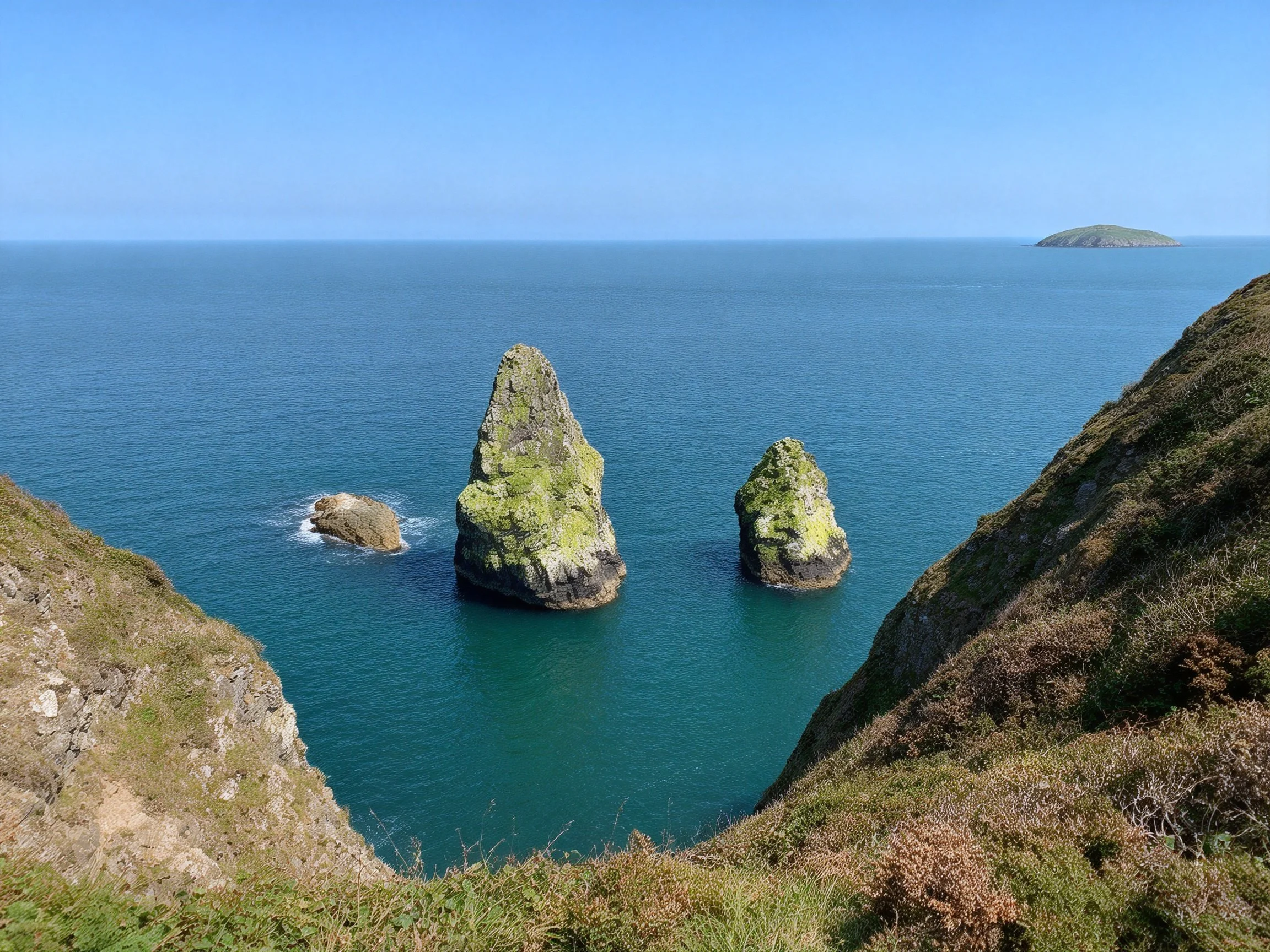Moss - covered rock formations near steep green cliffs over turquoise water