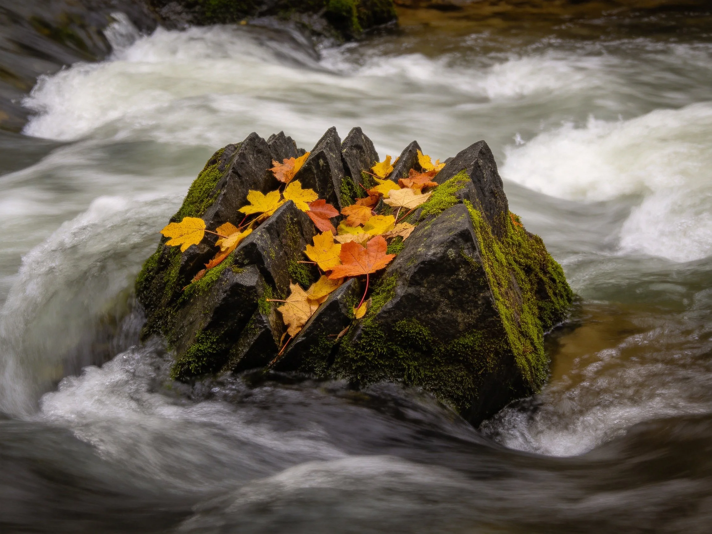 Moss-covered rock with autumn leaves amid rushing stream waters