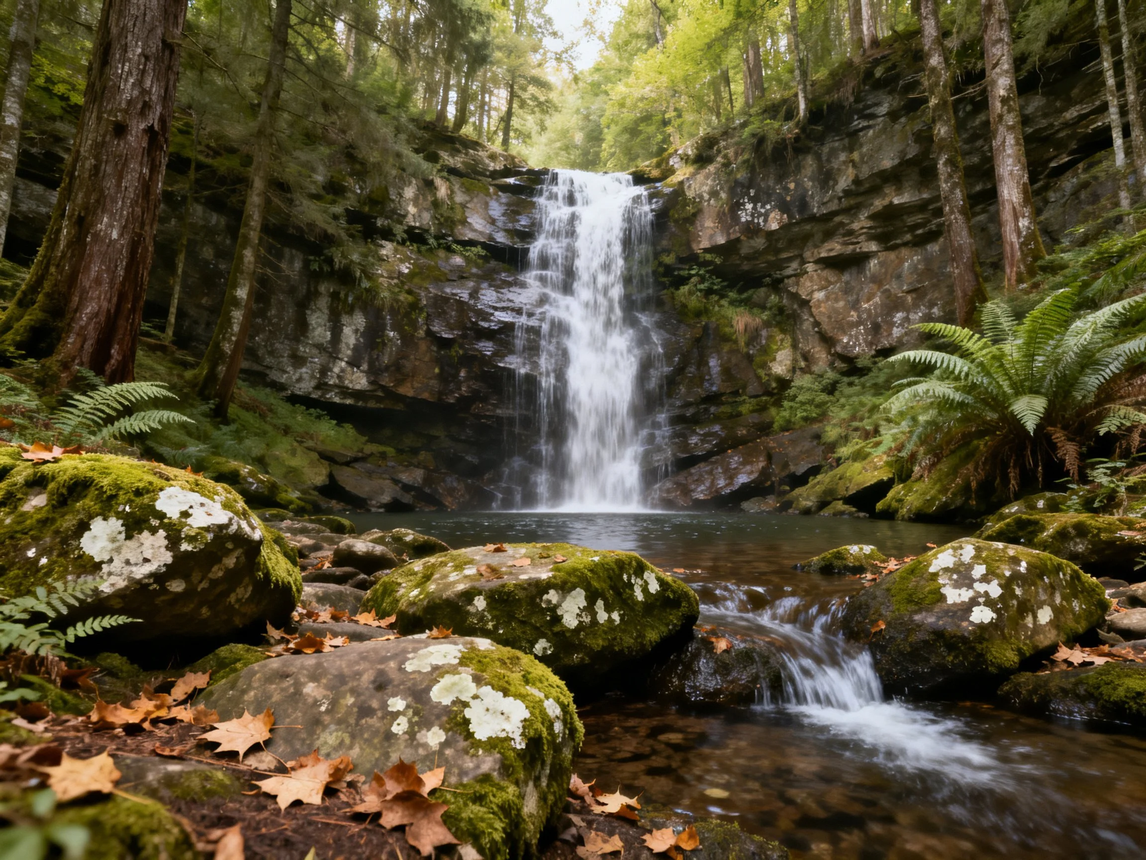 Moss-covered rocks and ferns surround a forest waterfall
