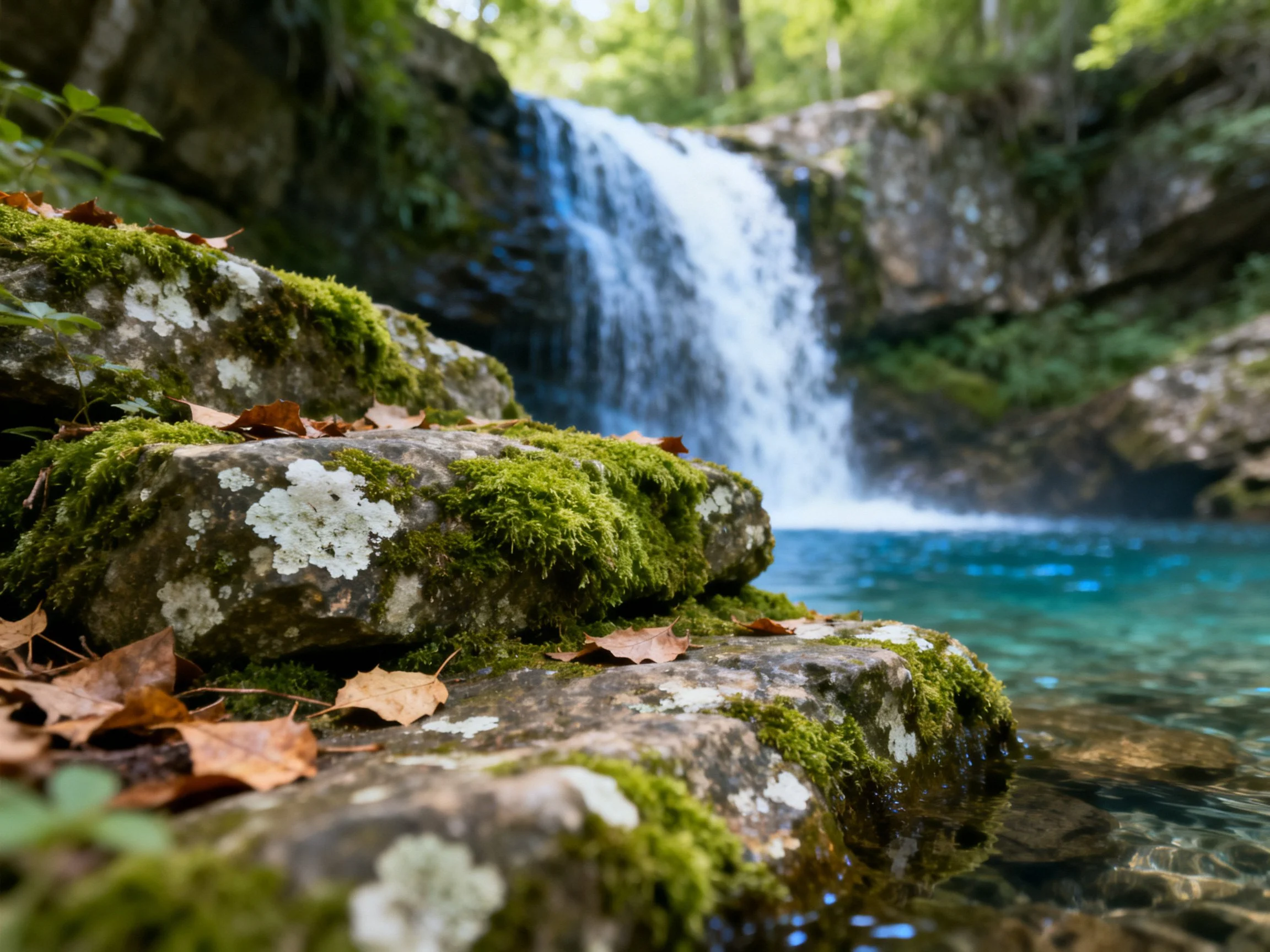 Moss-covered rocks beside a cascading waterfall with turquoise pool