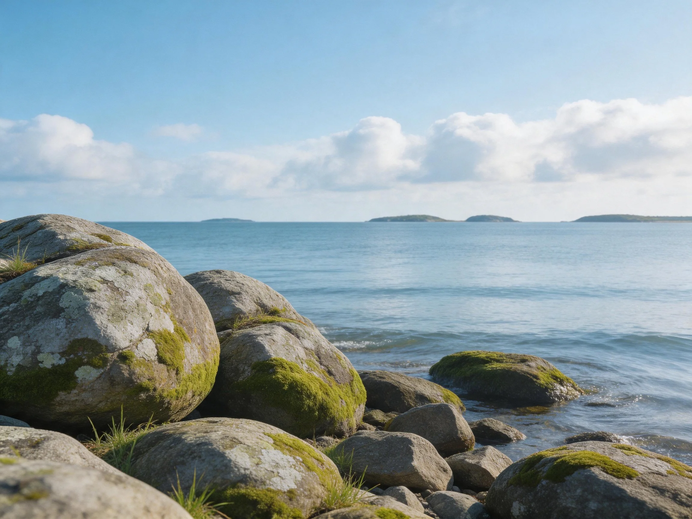 Moss-covered rocks by calm blue waters under cloudy sky