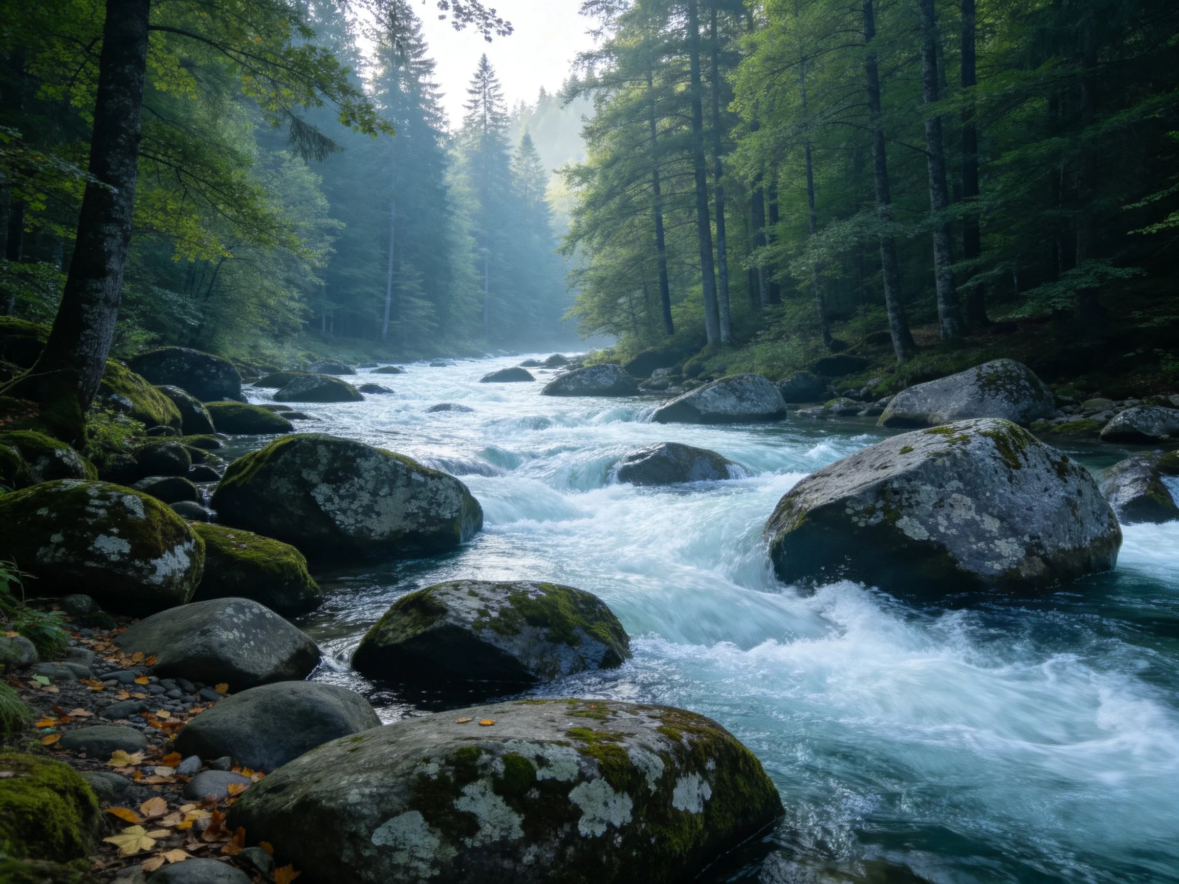 Moss-covered rocks frame a rushing stream through dense forest