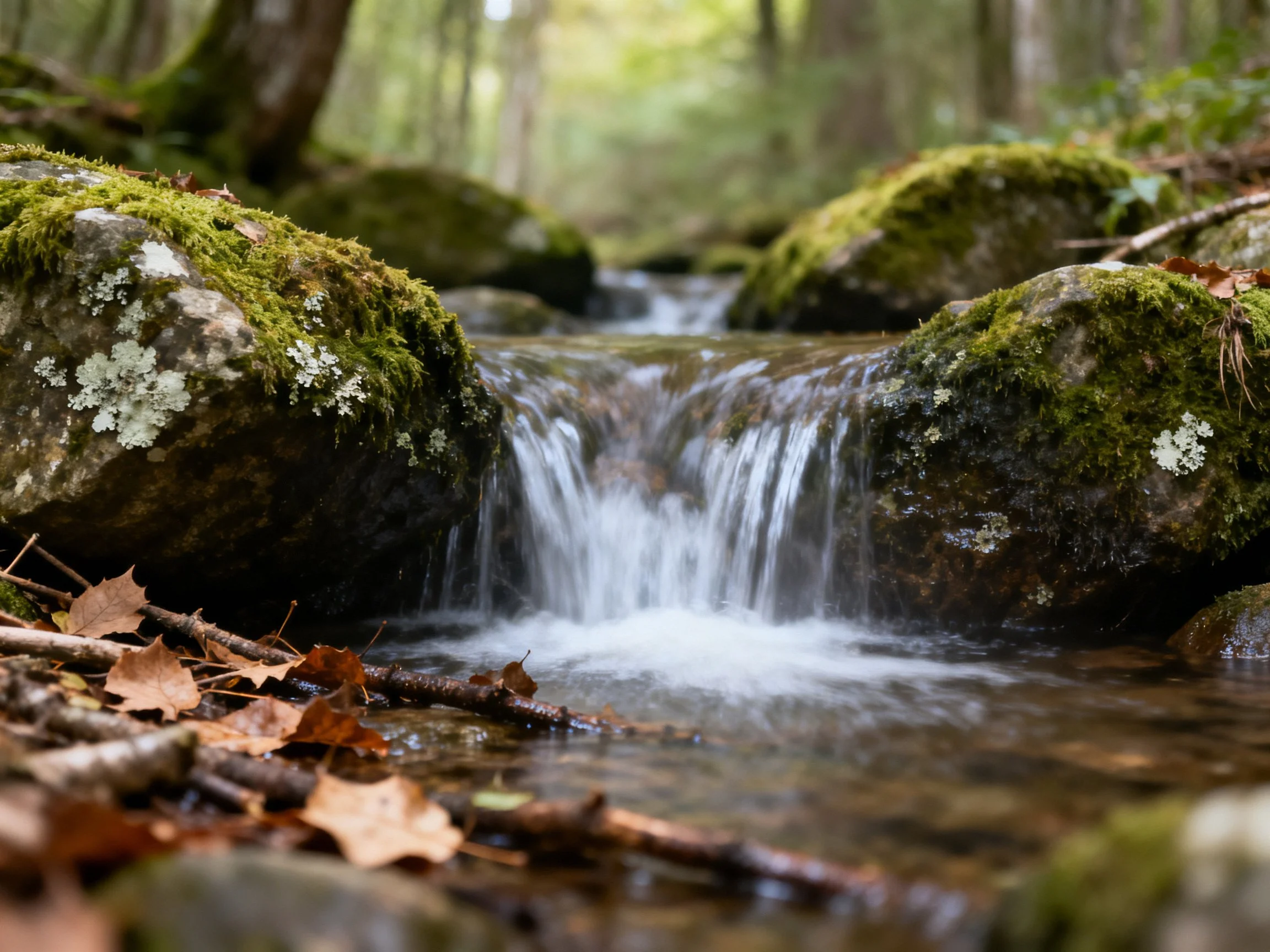 Moss-covered rocks frame a trickling stream in a sun-dappled forest.