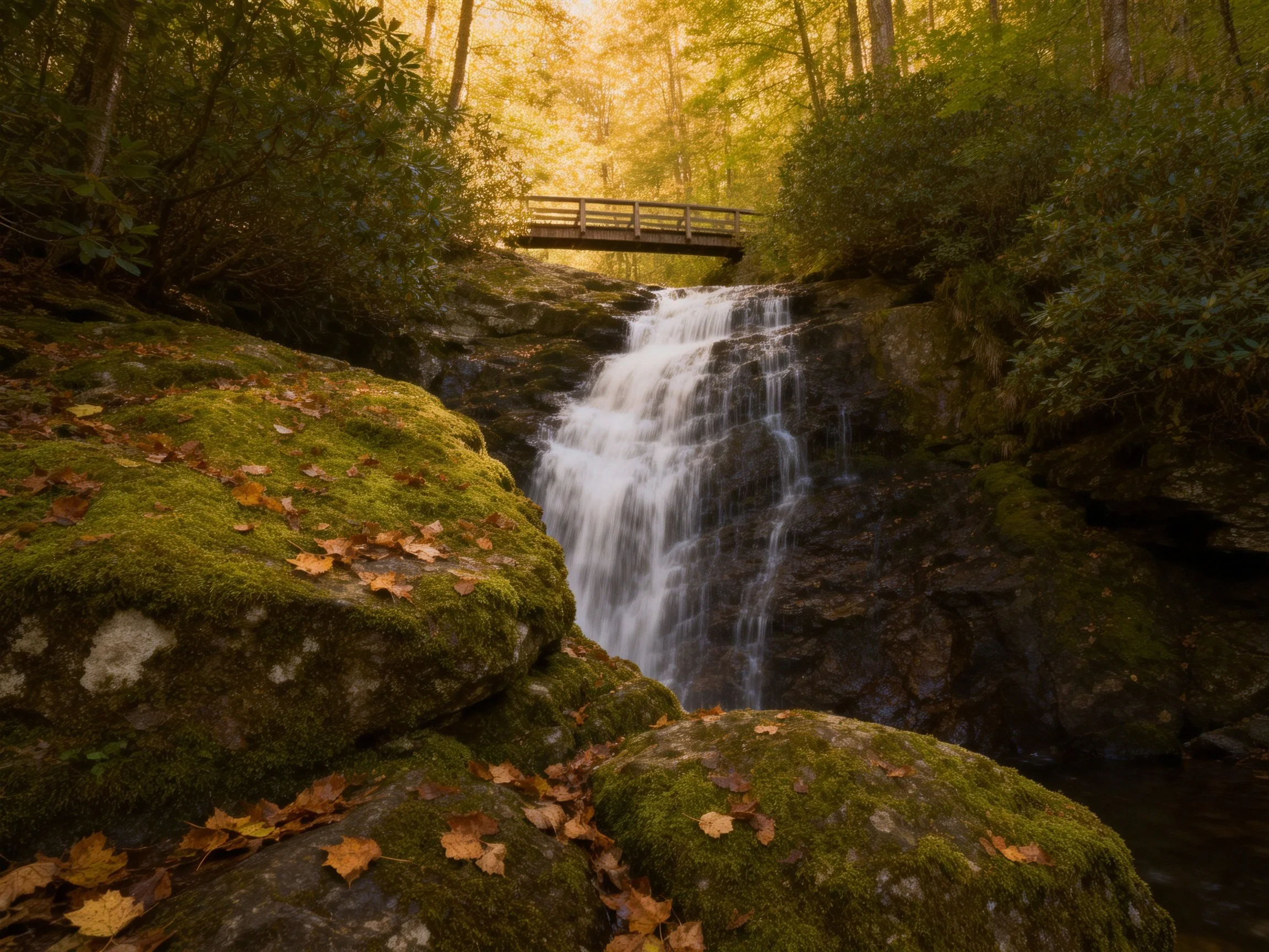 Moss-covered rocks near a forest waterfall with autumn leaves